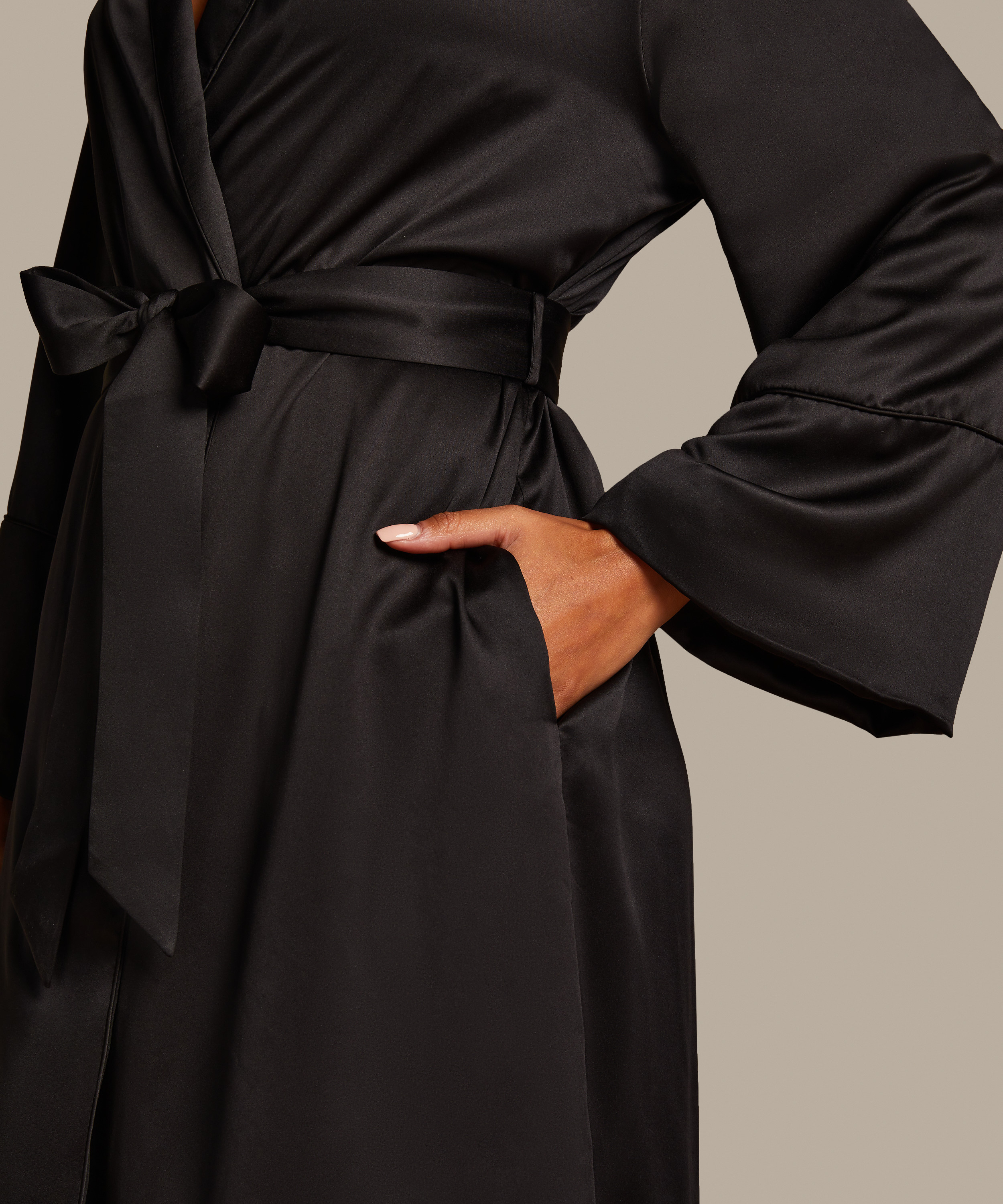 Satin Fleece Bathrobe, Black, main