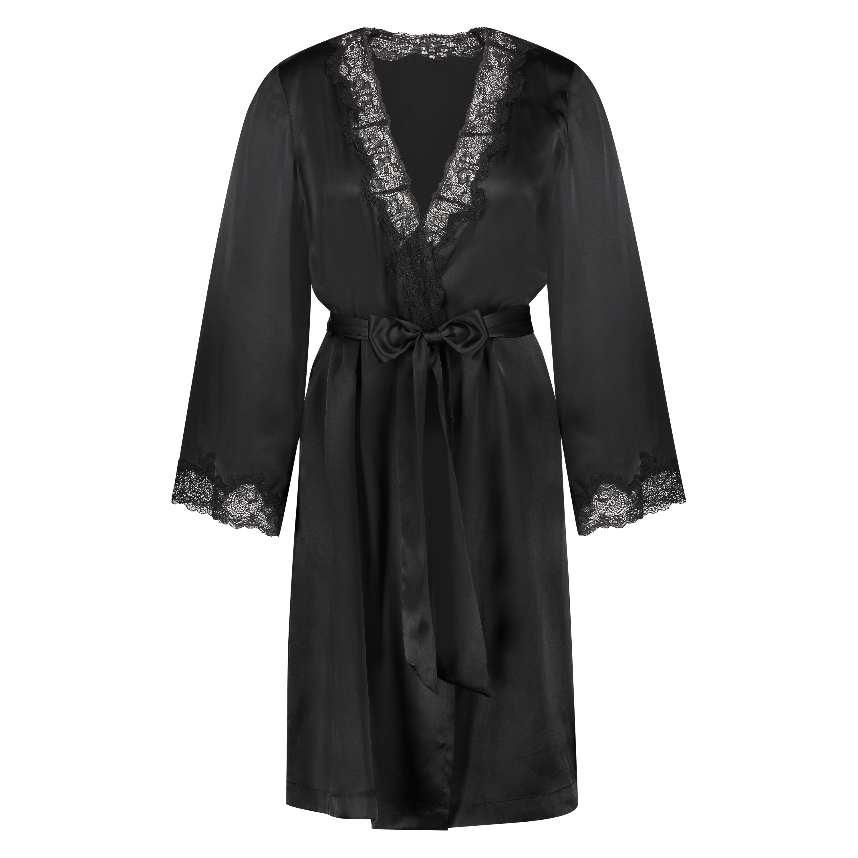 Silk lace trim kimono, Black, main