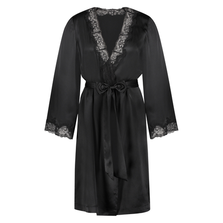 Silk lace trim kimono, Black