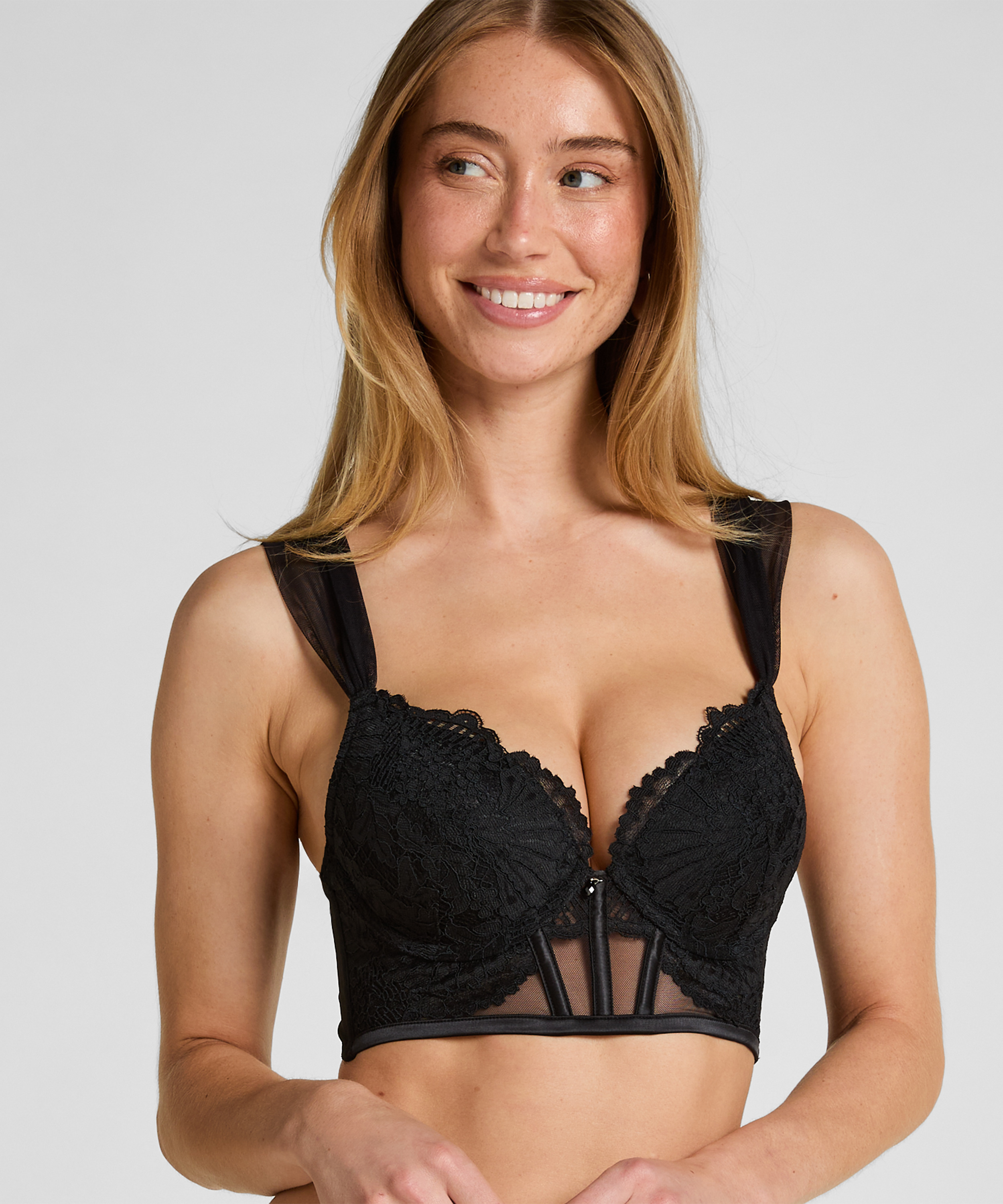 Whitney Padded Underwired Longline Push-Up Bra, Black, main