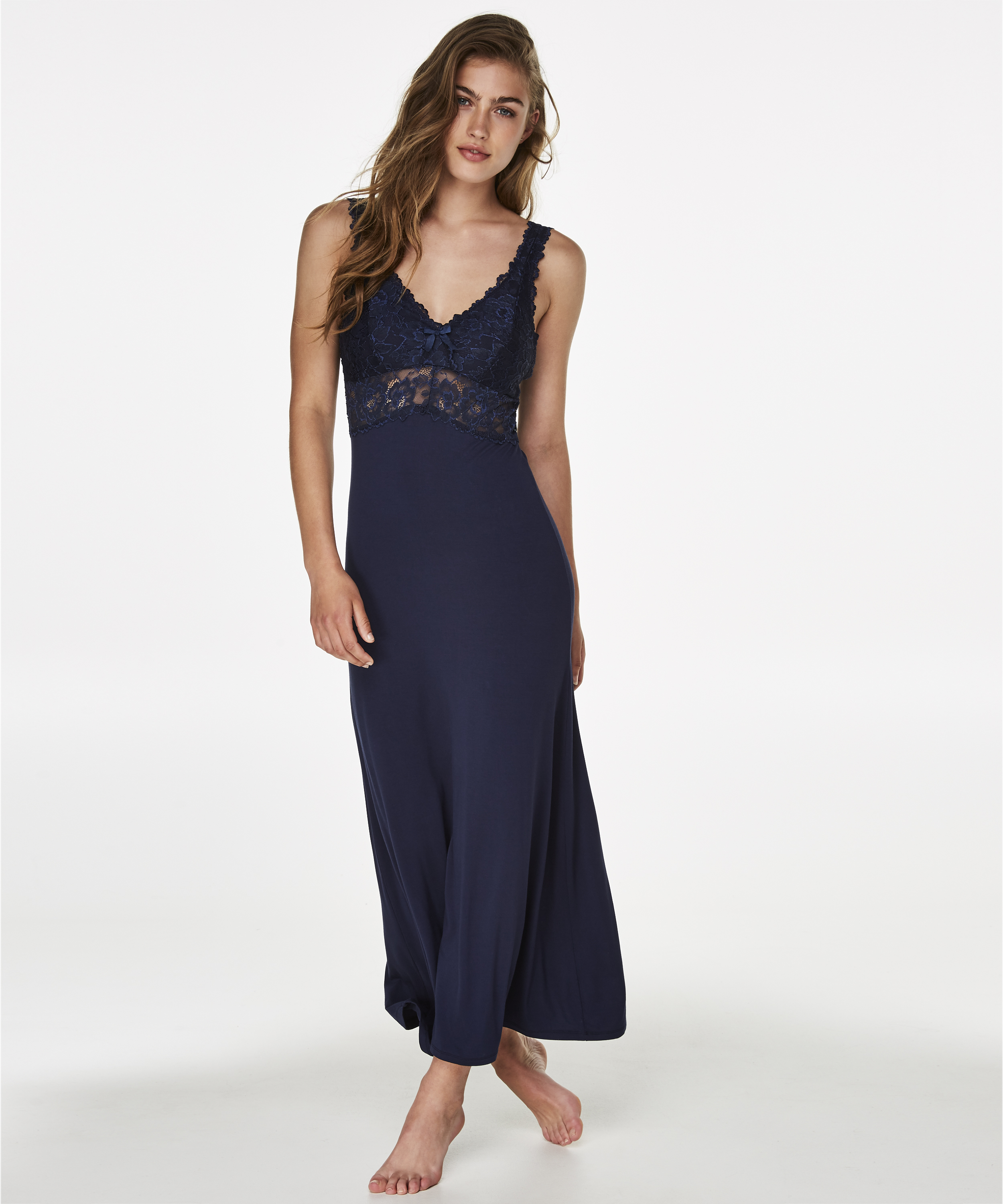Long slip dress Modal lace, Blue, main