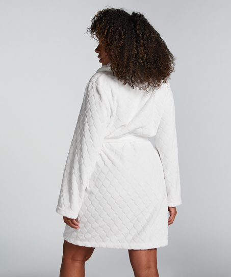 Short Fleece Ribbed Bathrobe, White