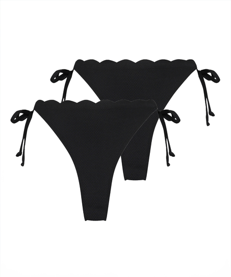 2-Pack Scallop Cheeky Tanga Bikini Bottoms, Black