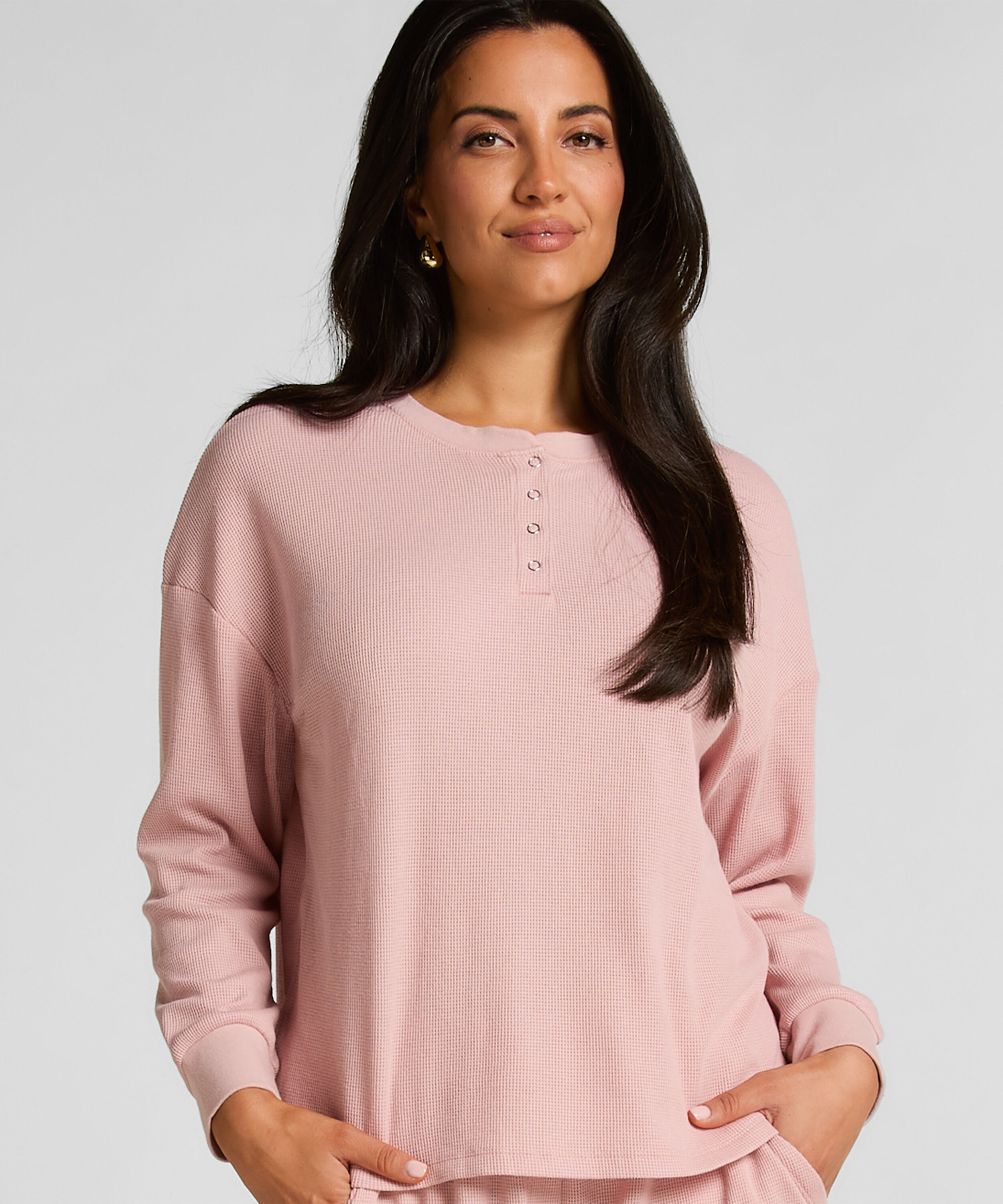 Top Waffle Henley, Pink Top Waffle Henley, Pink