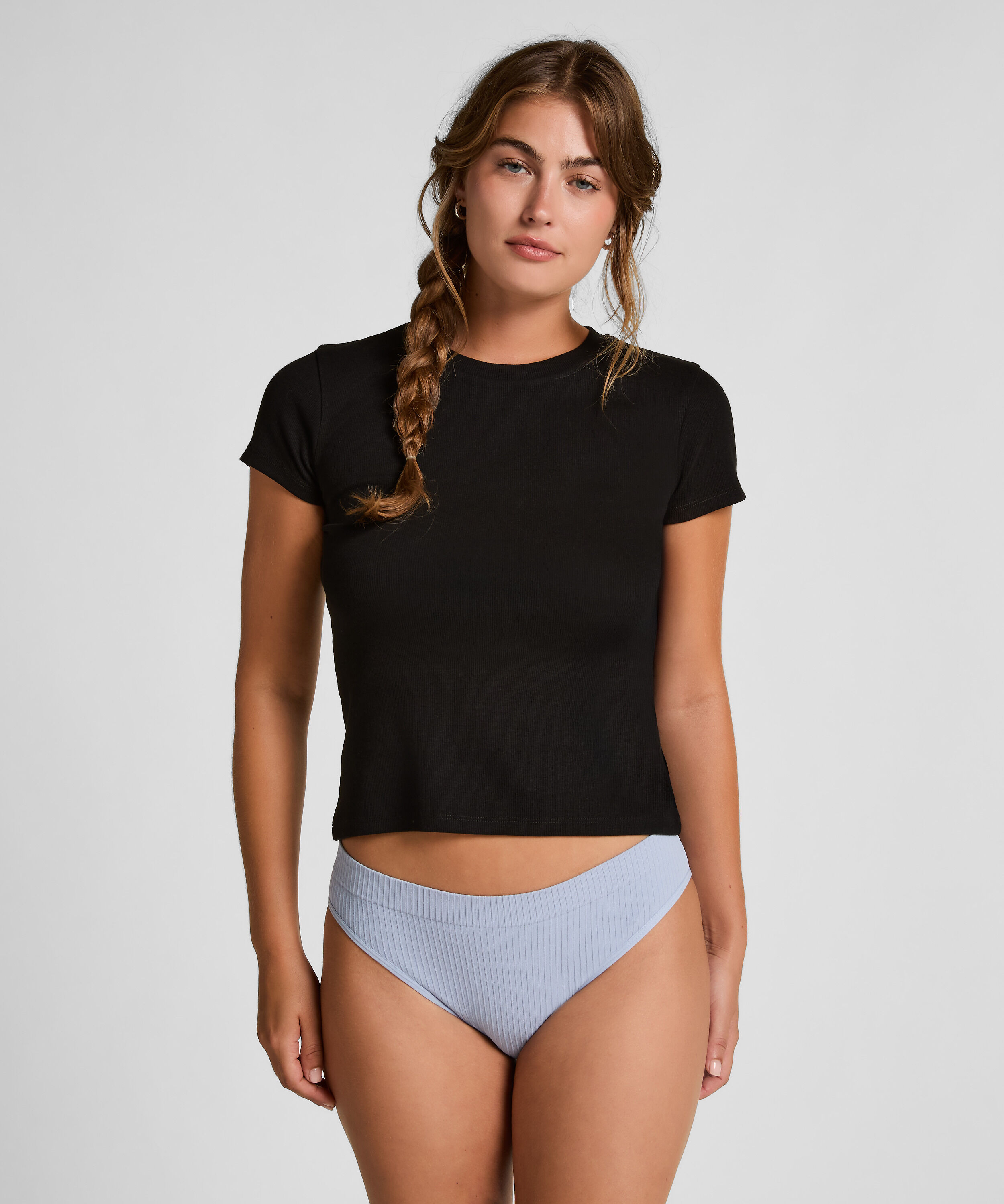 Ribbed Crew Neck Short-Sleeved Pyjama Top, Black