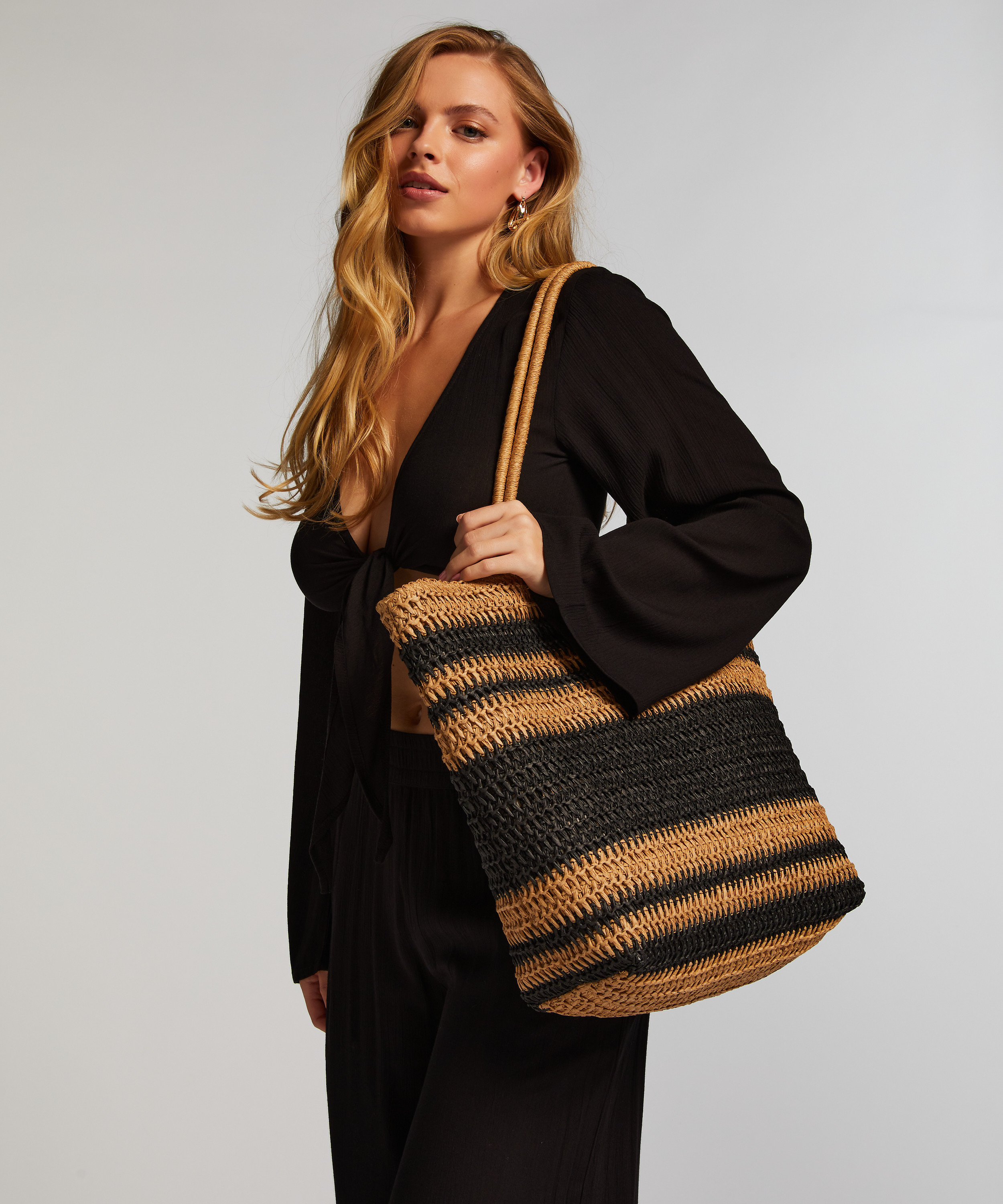 Striped Beach Bag, Black, main