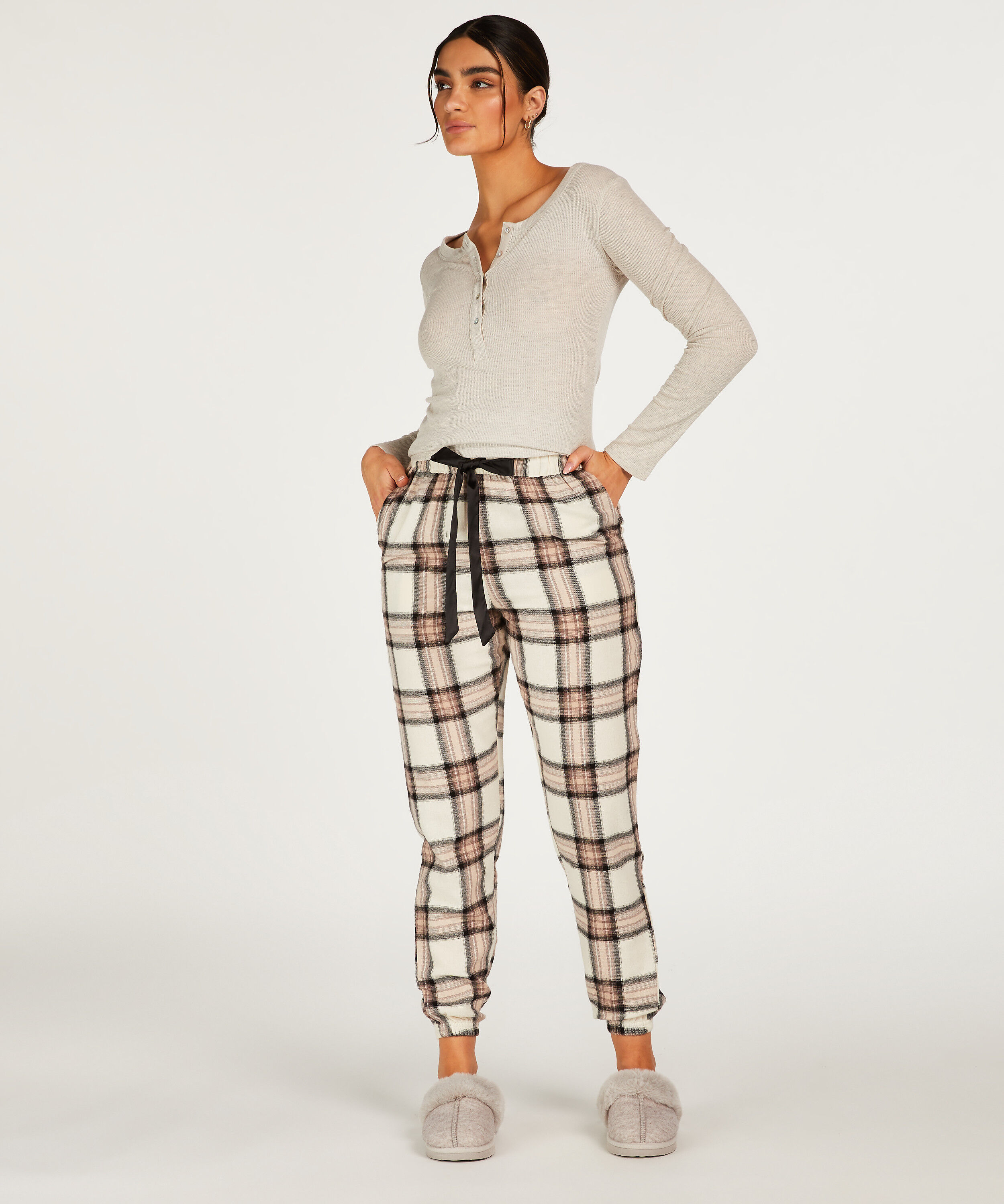 Petite Twill Check Pyjama Pants, Beige