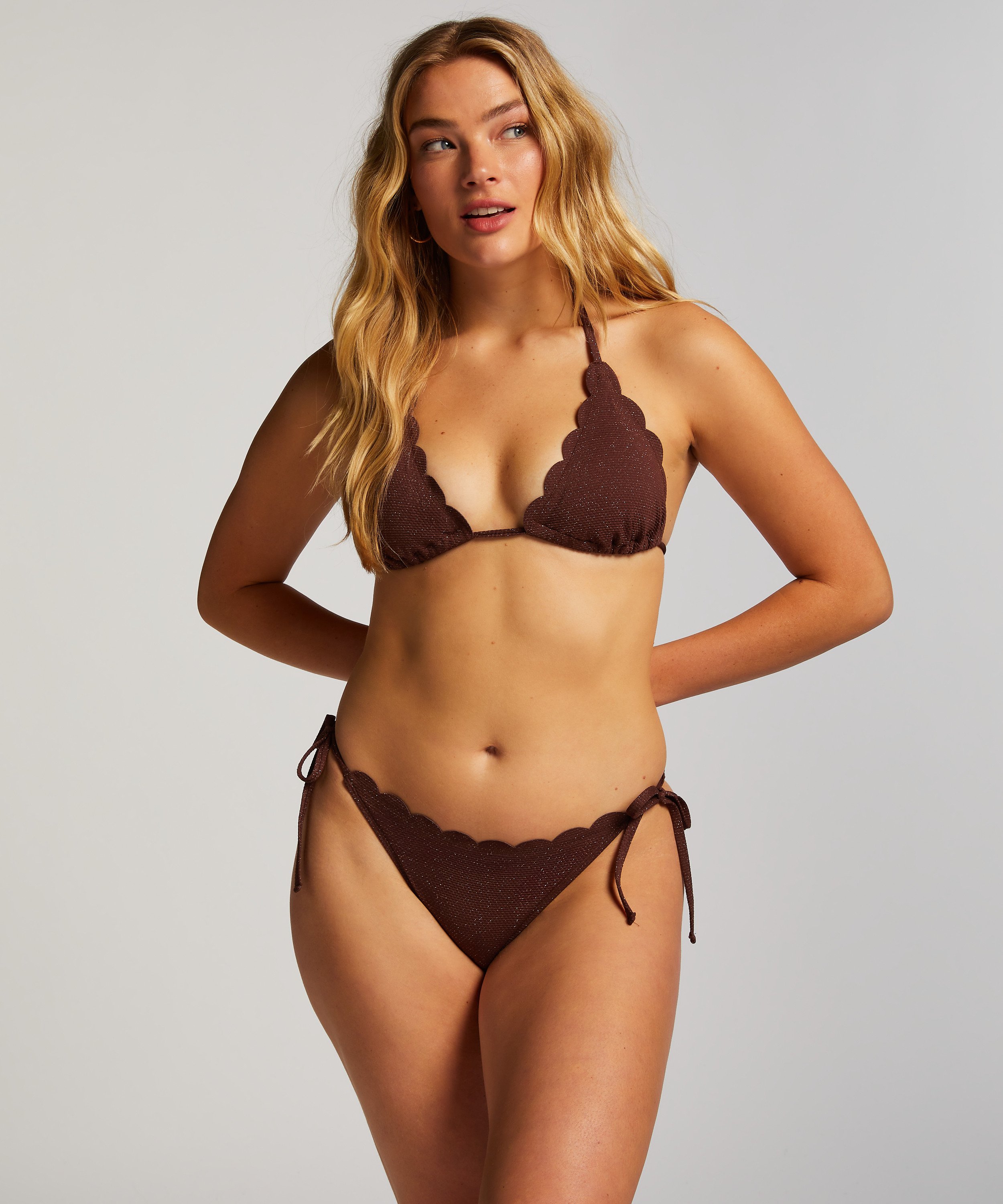 Scallop Lurex Triangle Bikini Top, Brown, main