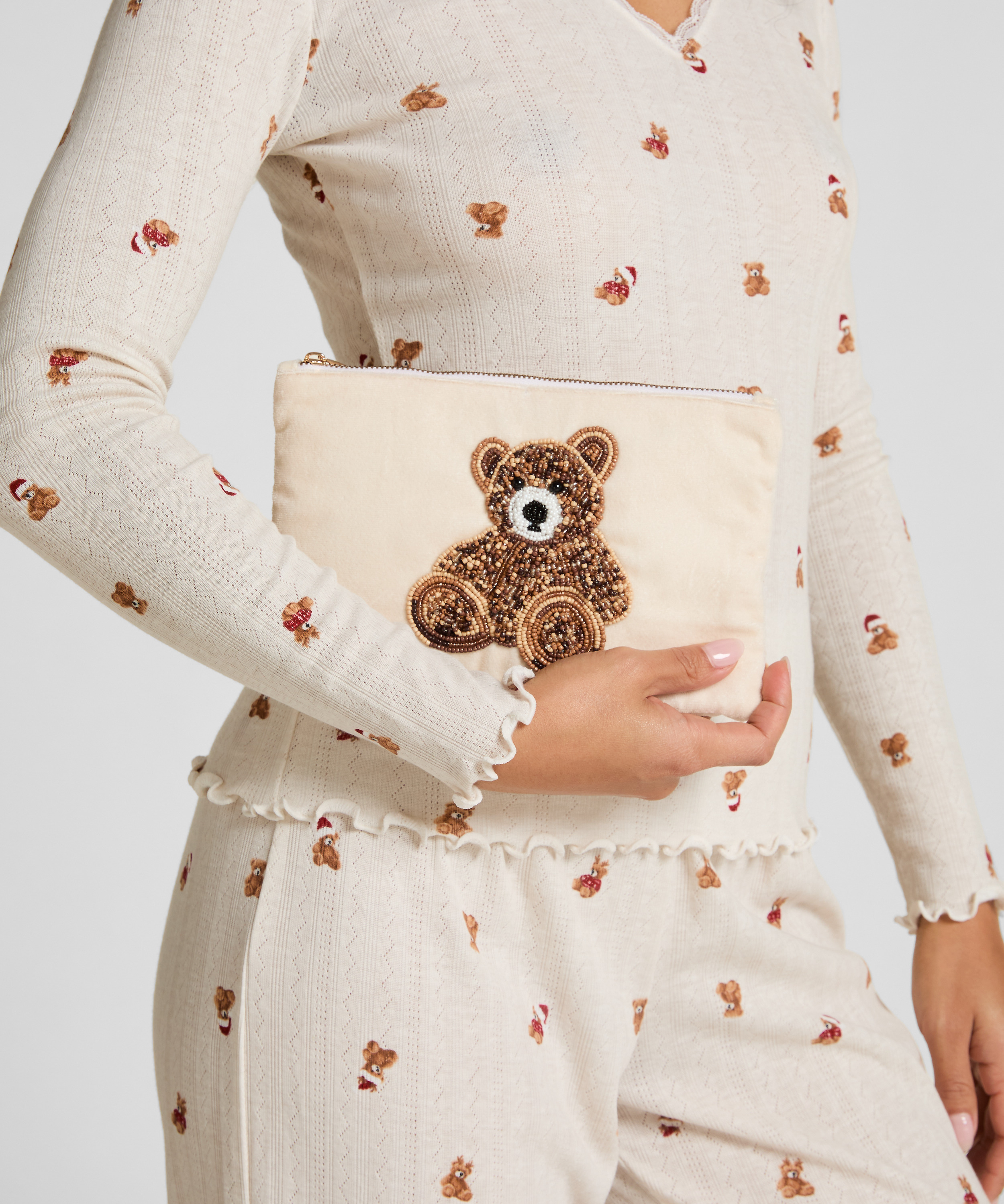 Bear Beaded Pouch, Beige, main