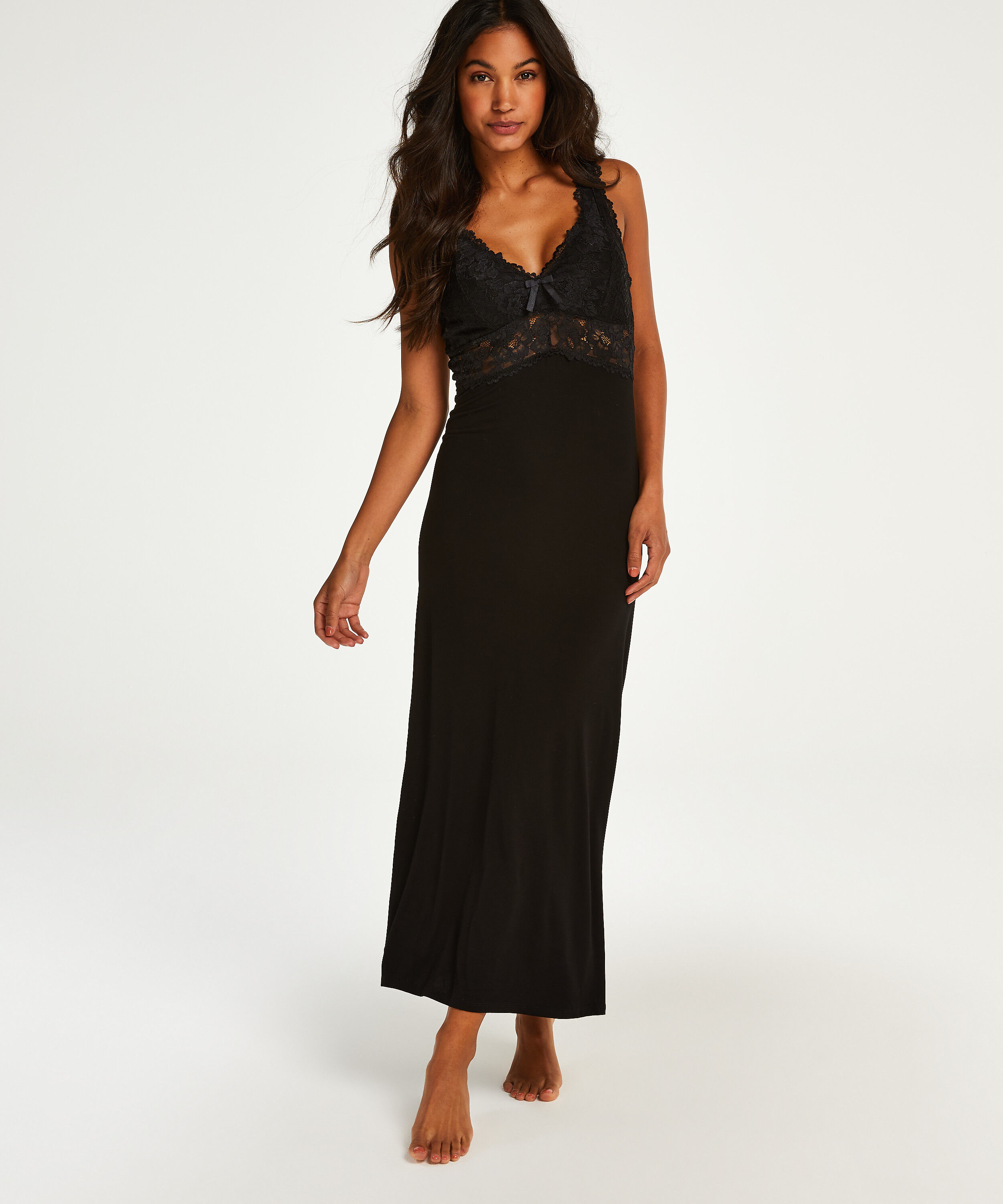 Long slip dress Modal lace, Black