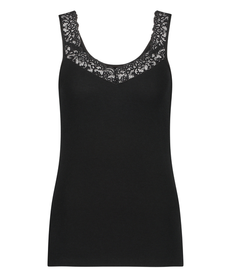 Ribbed Lace Singlet, Black