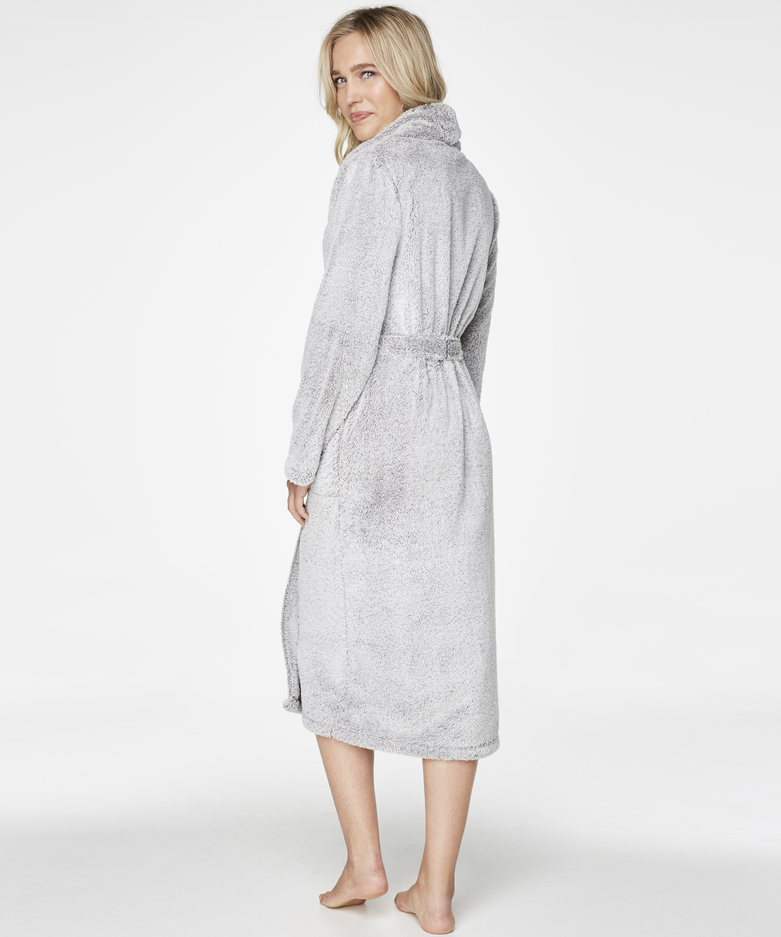 Fleece Glazed Long Bathrobe, Grey, main
