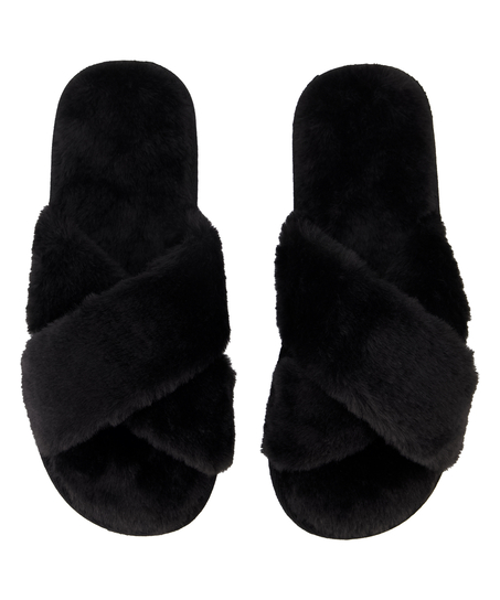 Crossed Fake Fur Slippers, Black