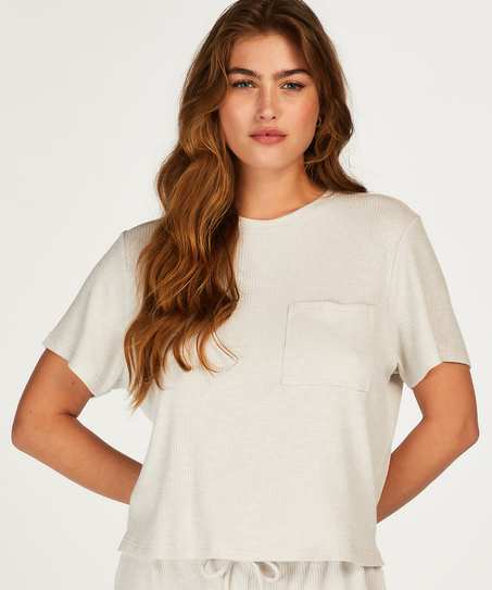 Rib Short-Sleeved Top, Beige