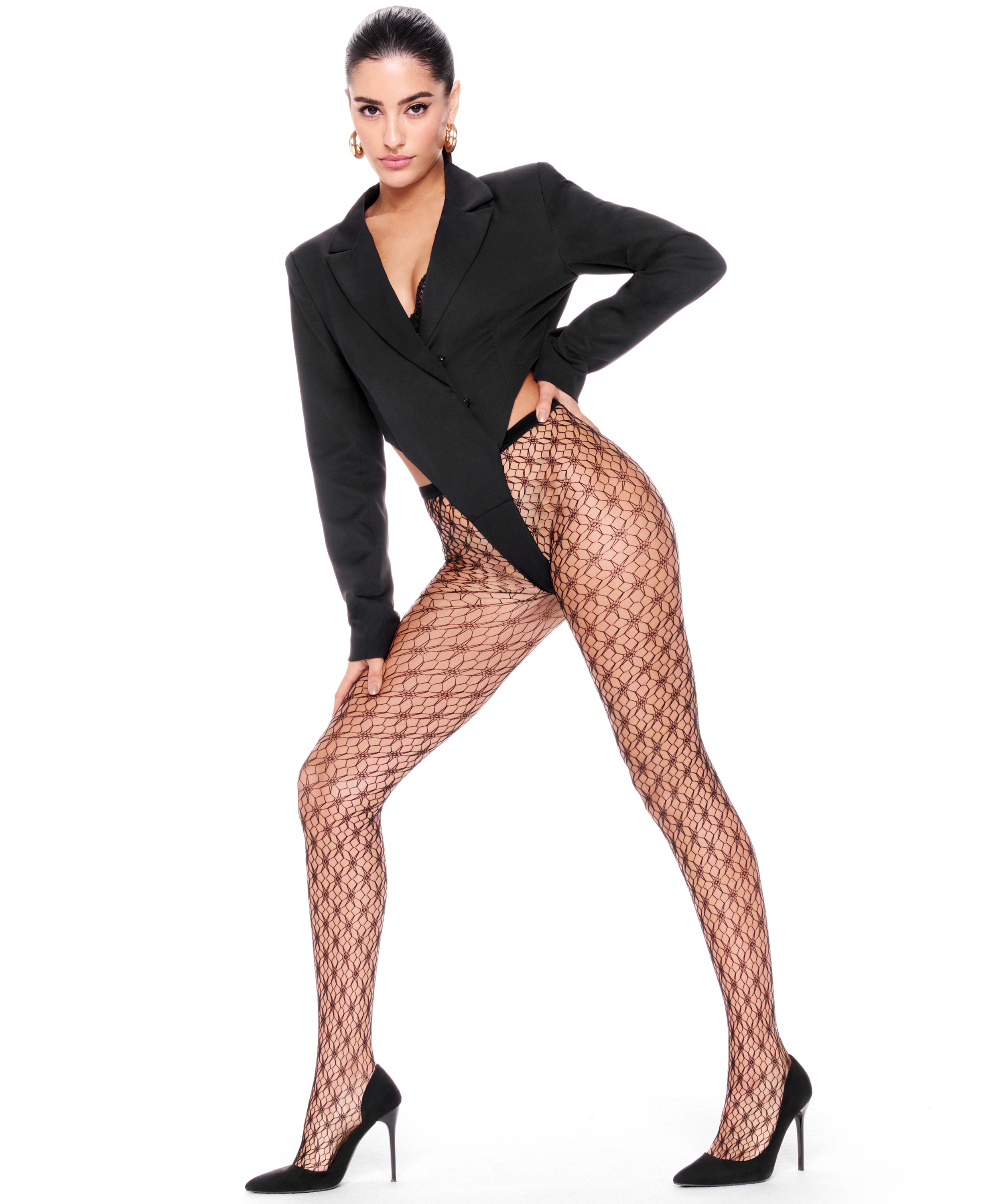 Graphic Fishnet Tights, Black, main