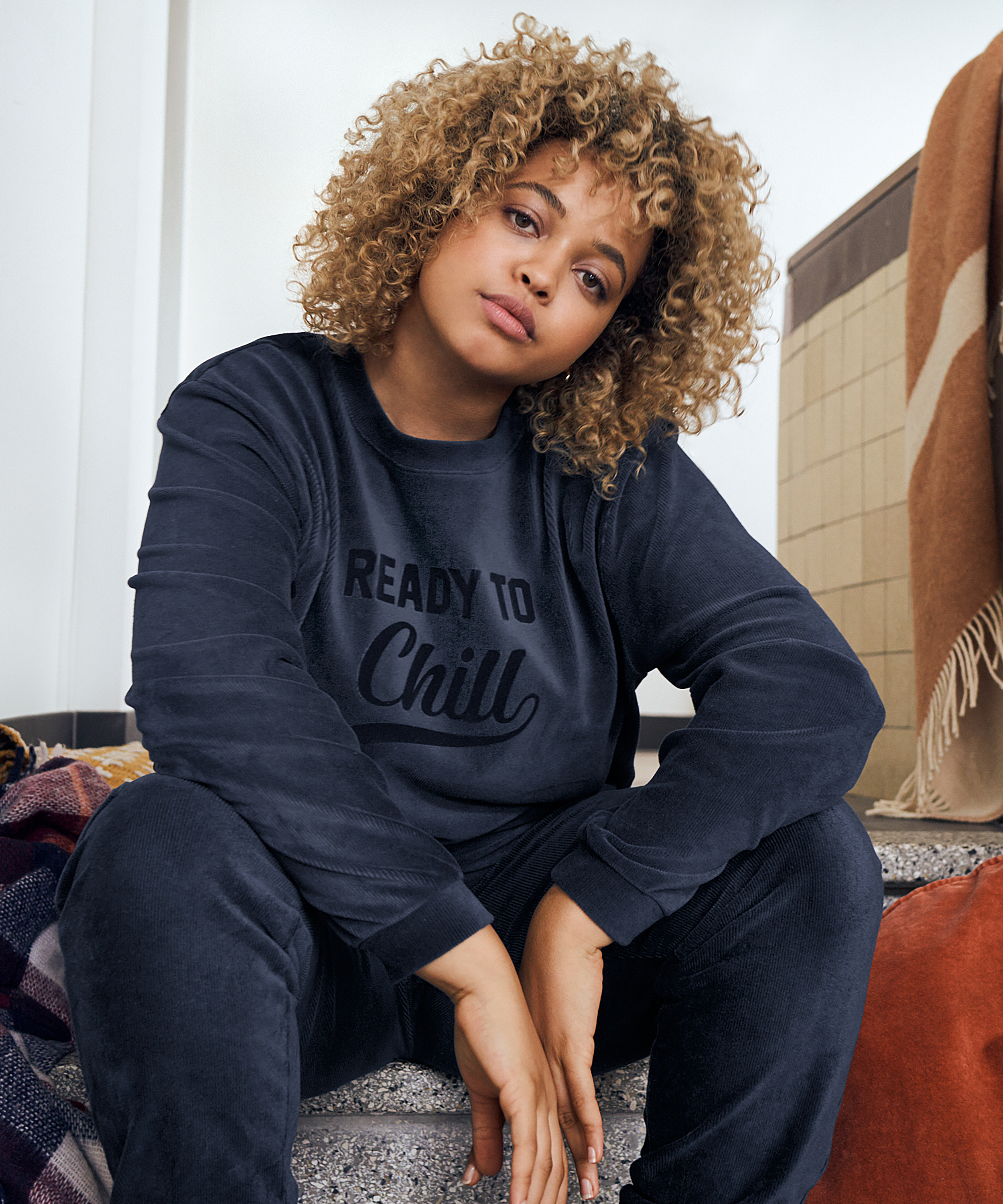 Long-sleeved velvet top, Blue, main