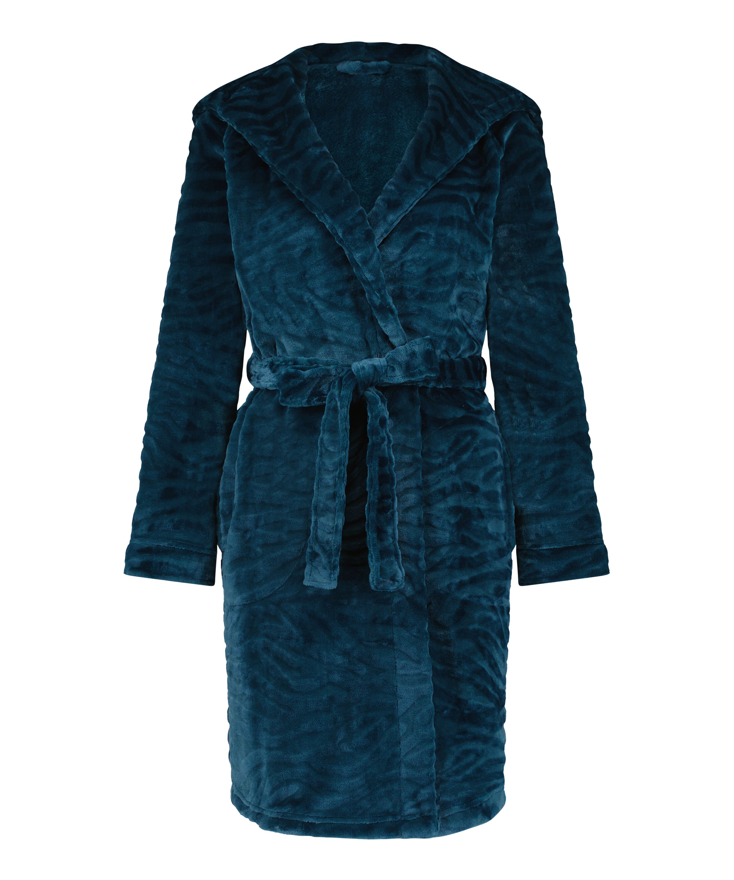 Short Fleece Ribbed Bathrobe, Blue