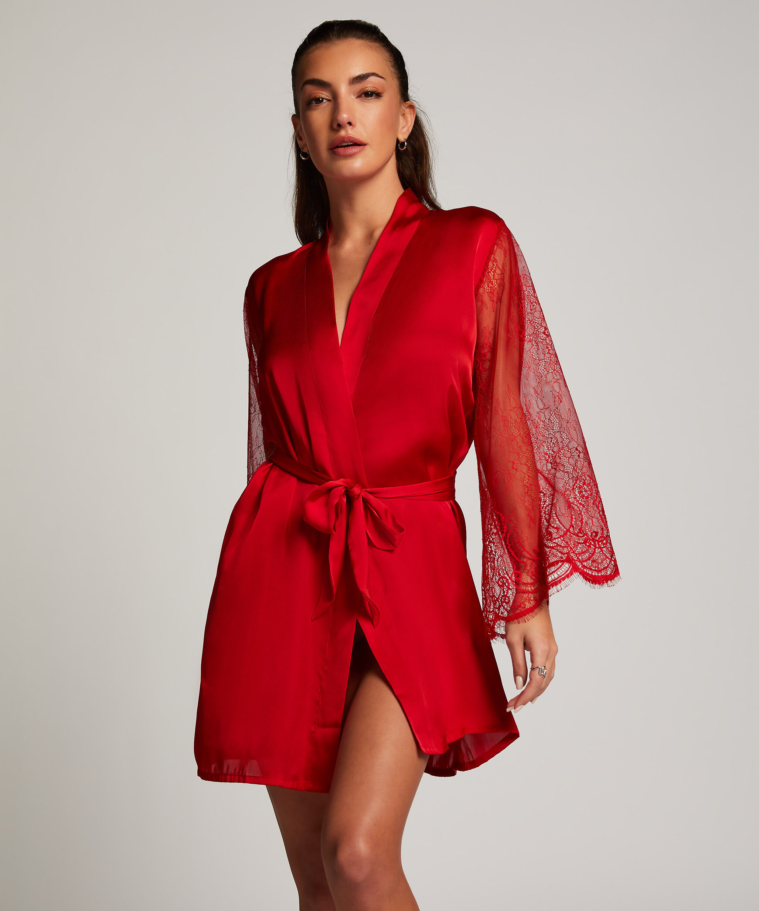 Satin Lace Kimono, Red