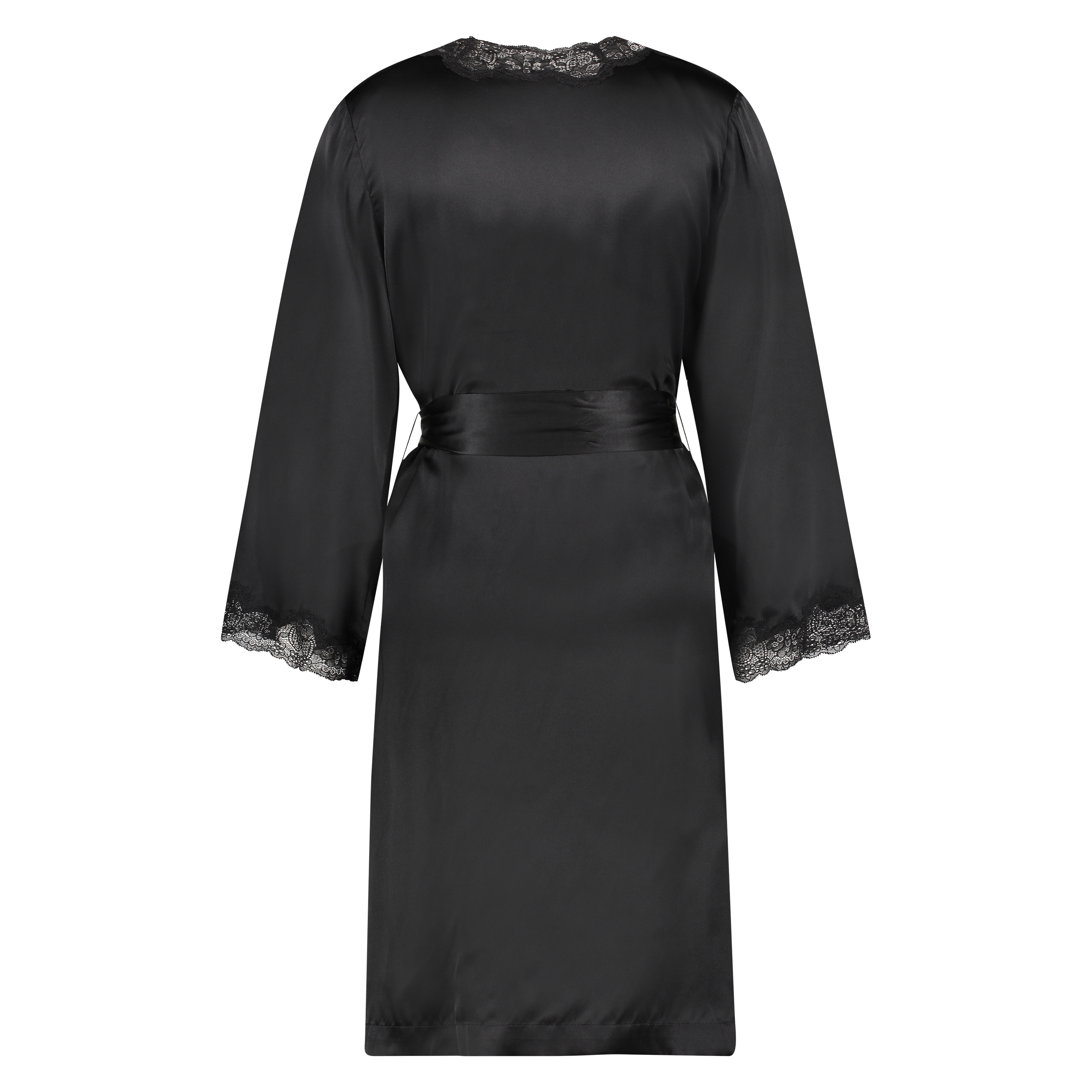 Silk lace trim kimono, Black, main