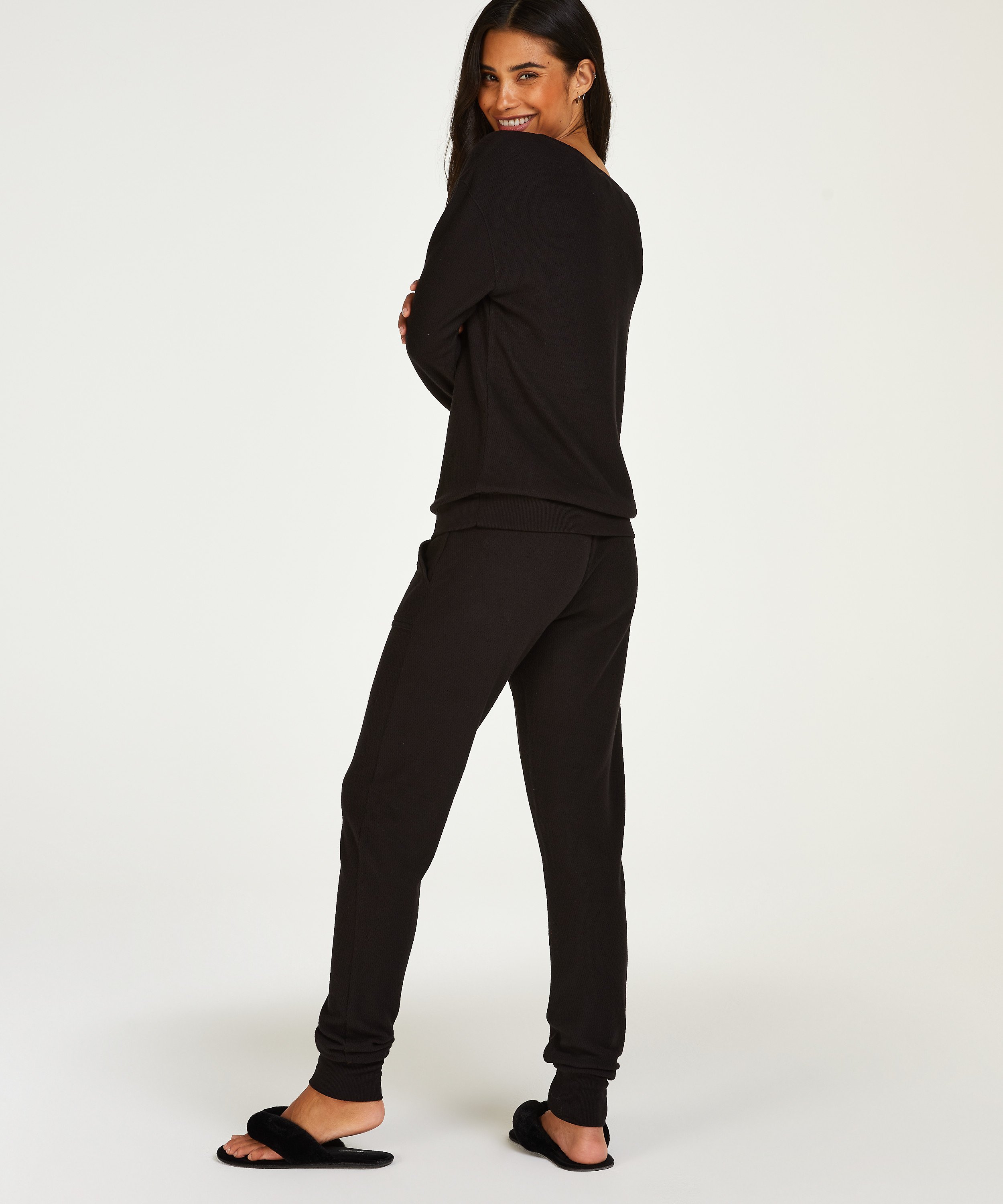 Waffle Placket Pyjama, Black, main