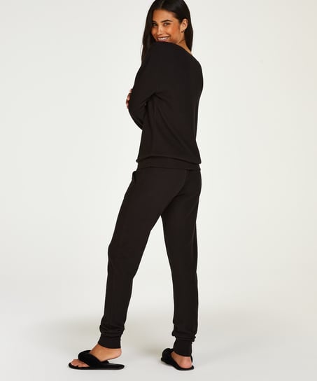 Waffle Placket Pyjama, Black