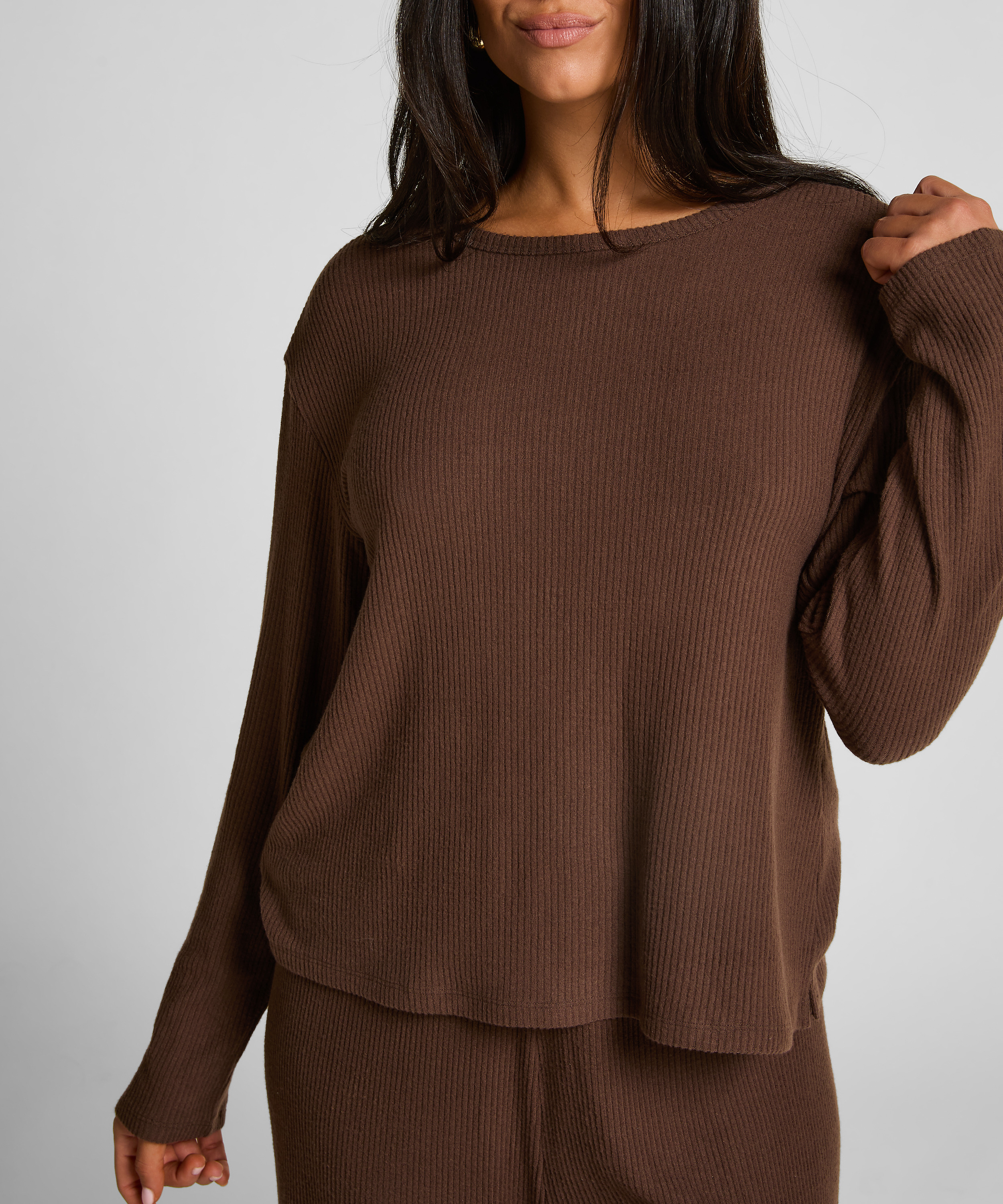 Jersey Long-Sleeved Pyjama Top, Brown, main