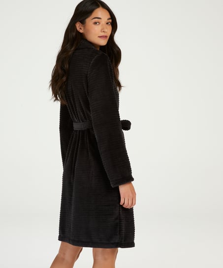 Short Fleece Ribbed Bathrobe, Black