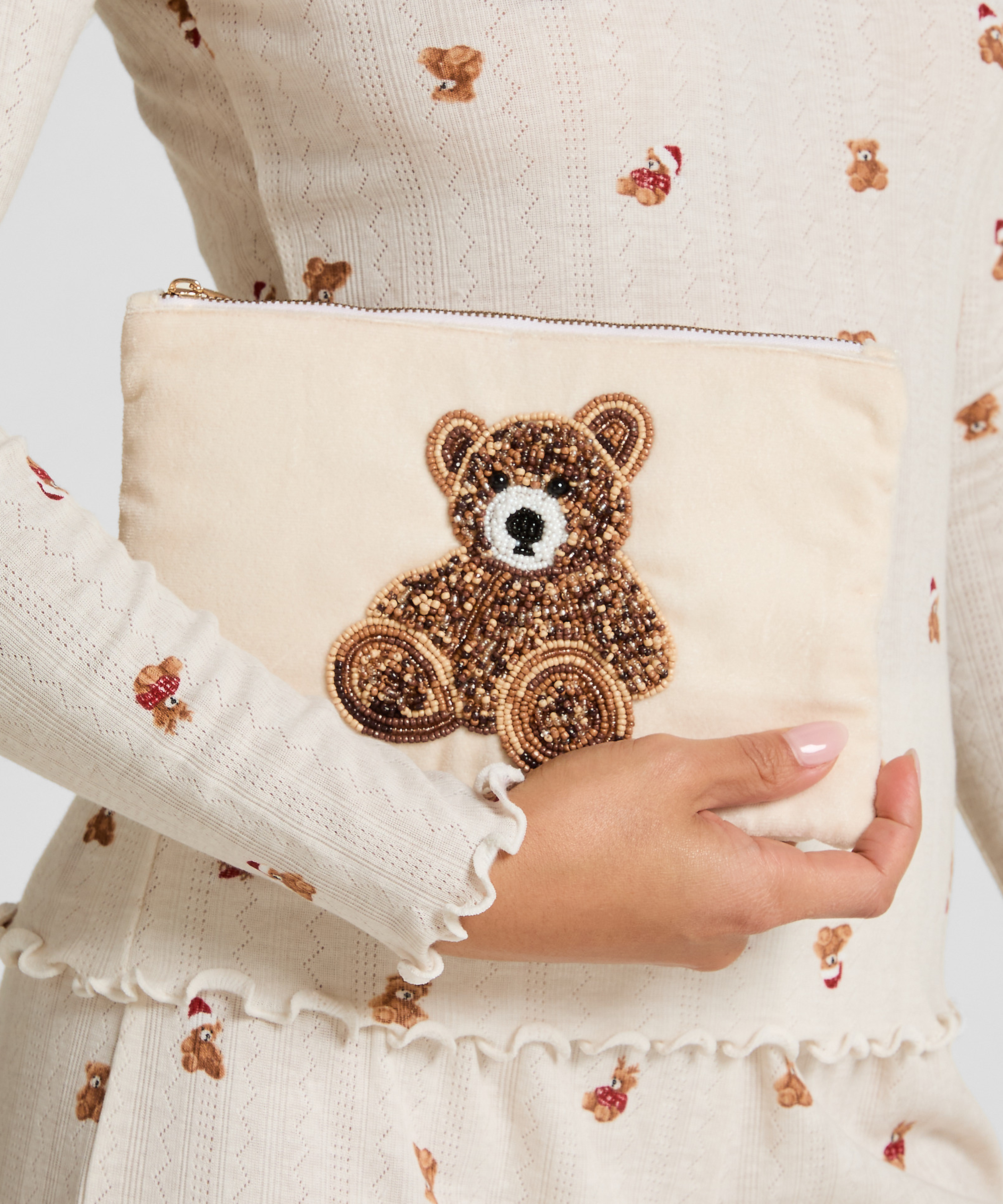 Bear Beaded Pouch, Beige, main