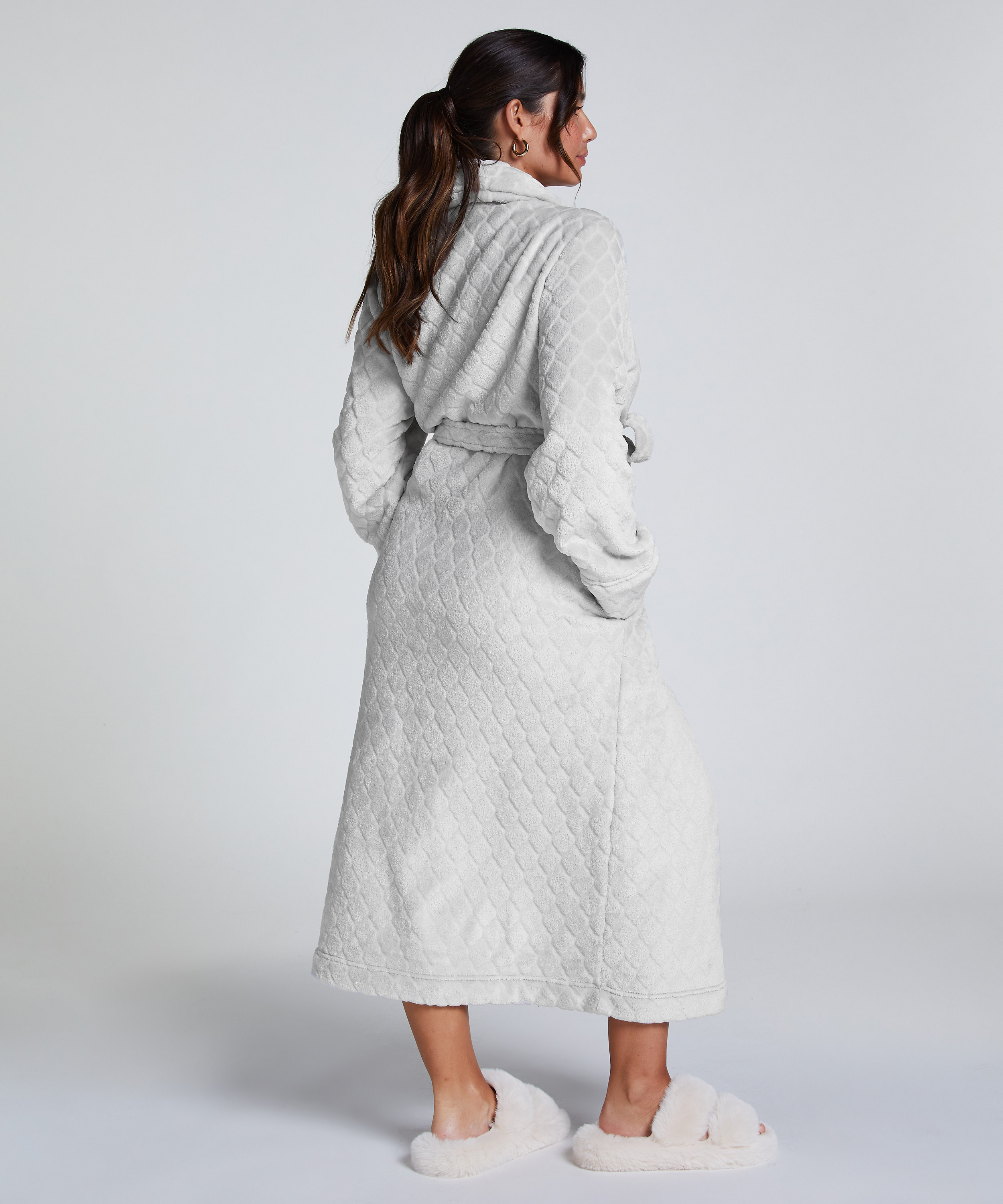 Long Fleece Bathrobe, Grey, main