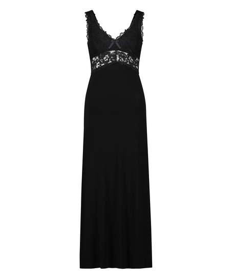 Nora Lace Long Slip Dress, Black