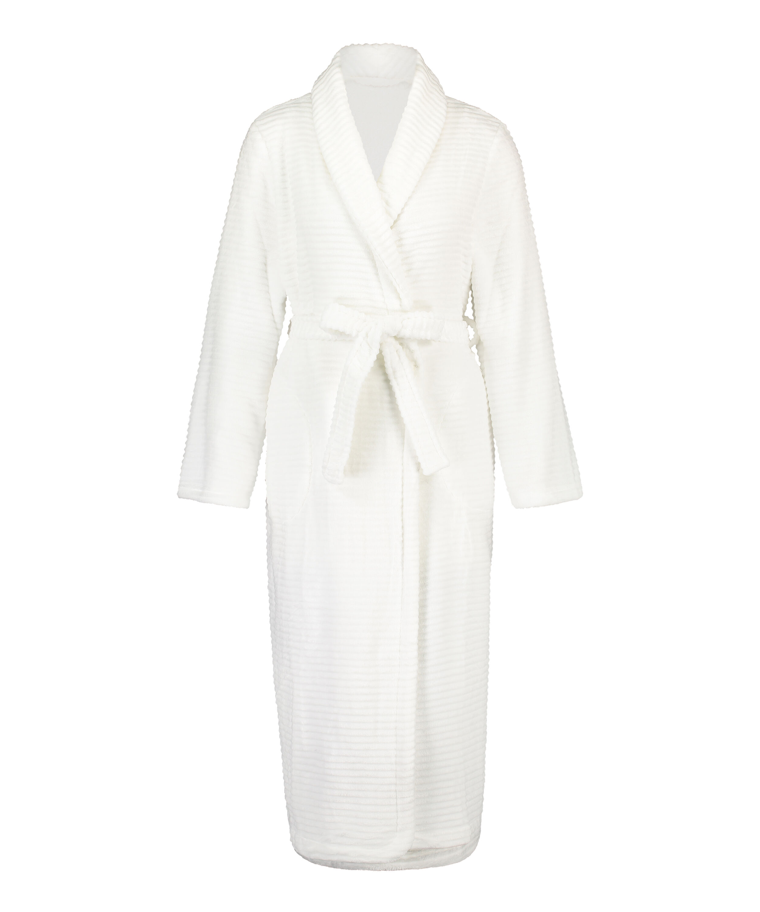 Long Fleece Ribbed Bathrobe, White