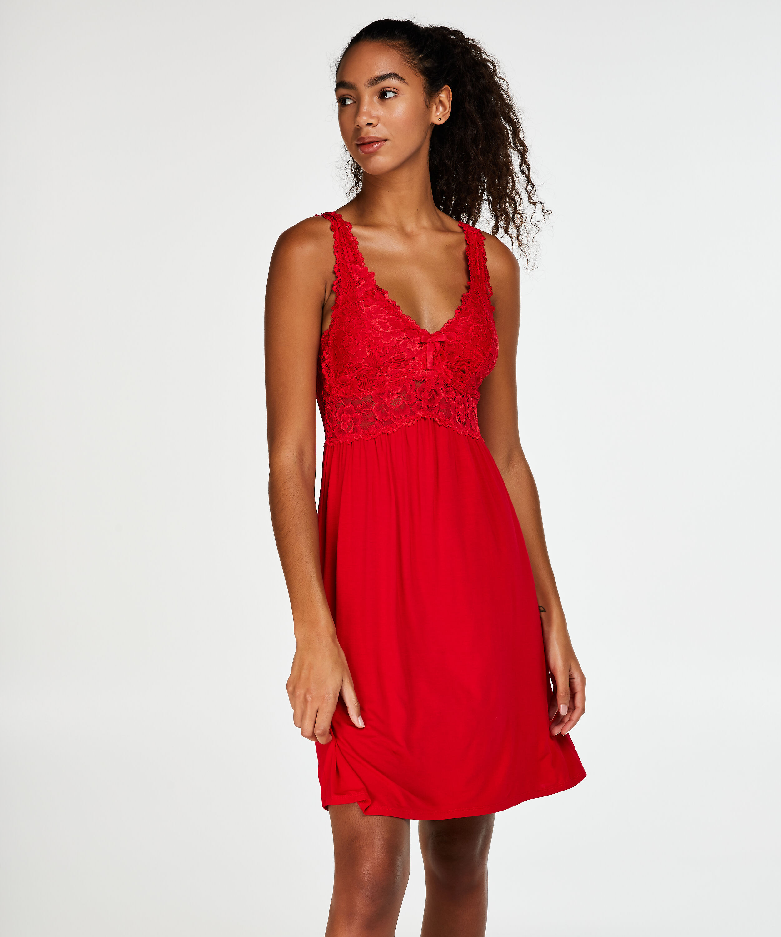 Modal Lace Slip Dress, Red