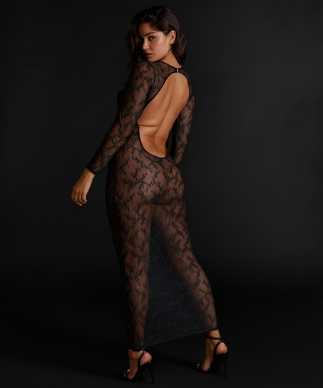 Long Sleeve Lace Bodycon Slip Dress, Black