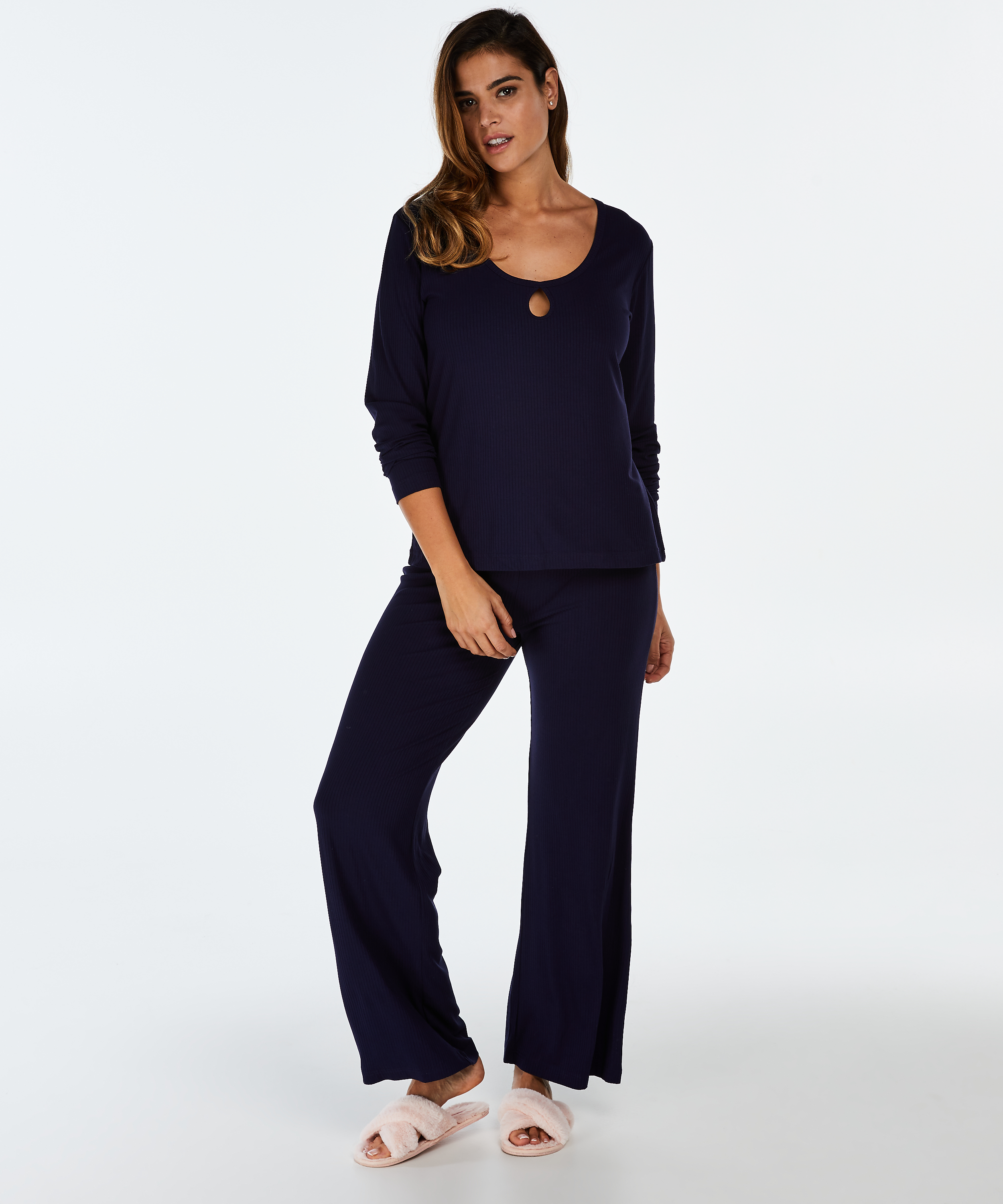 Long-sleeved pyjama top rib keyhole, Blue, main