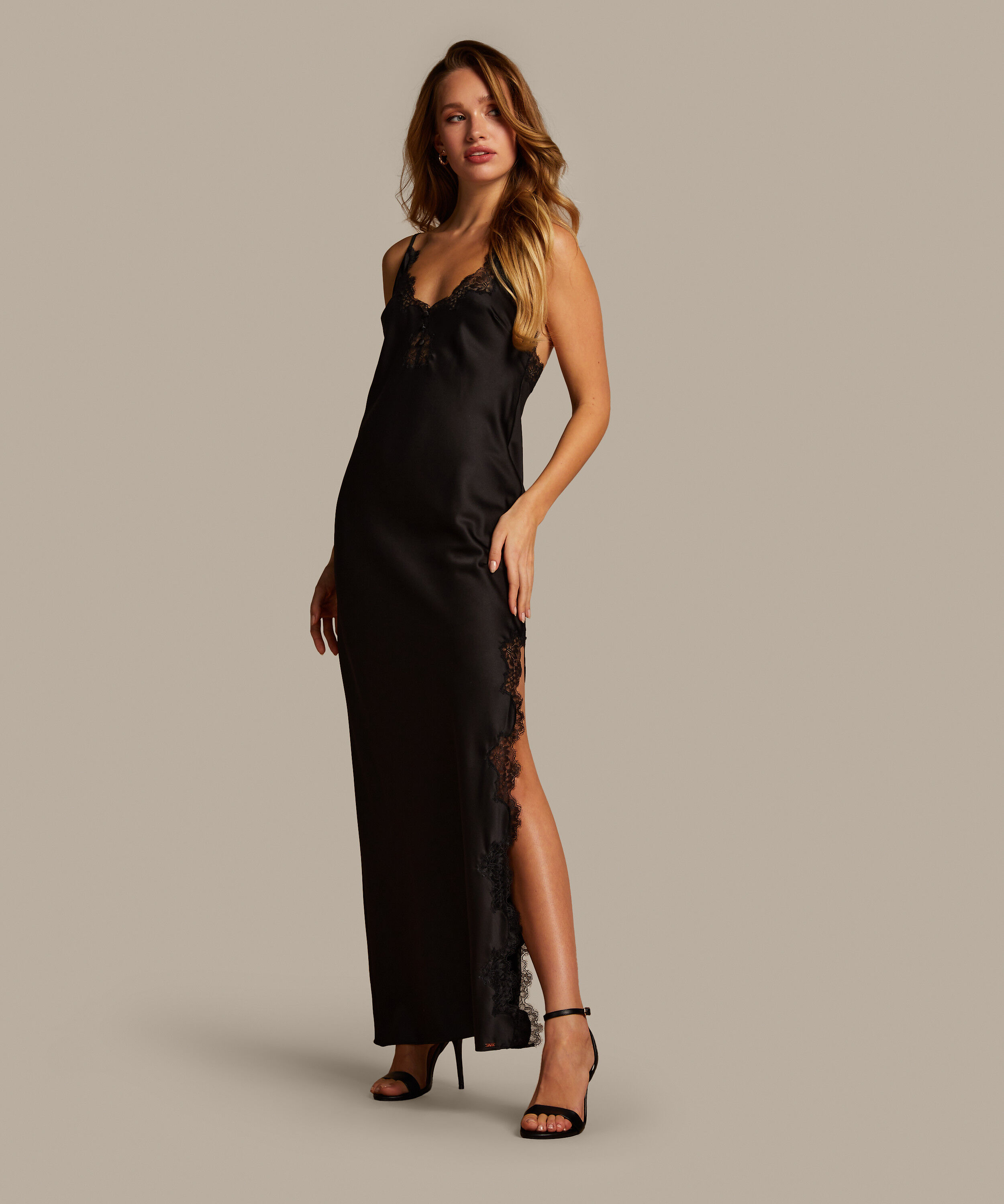 Satin Slip Dress, Black