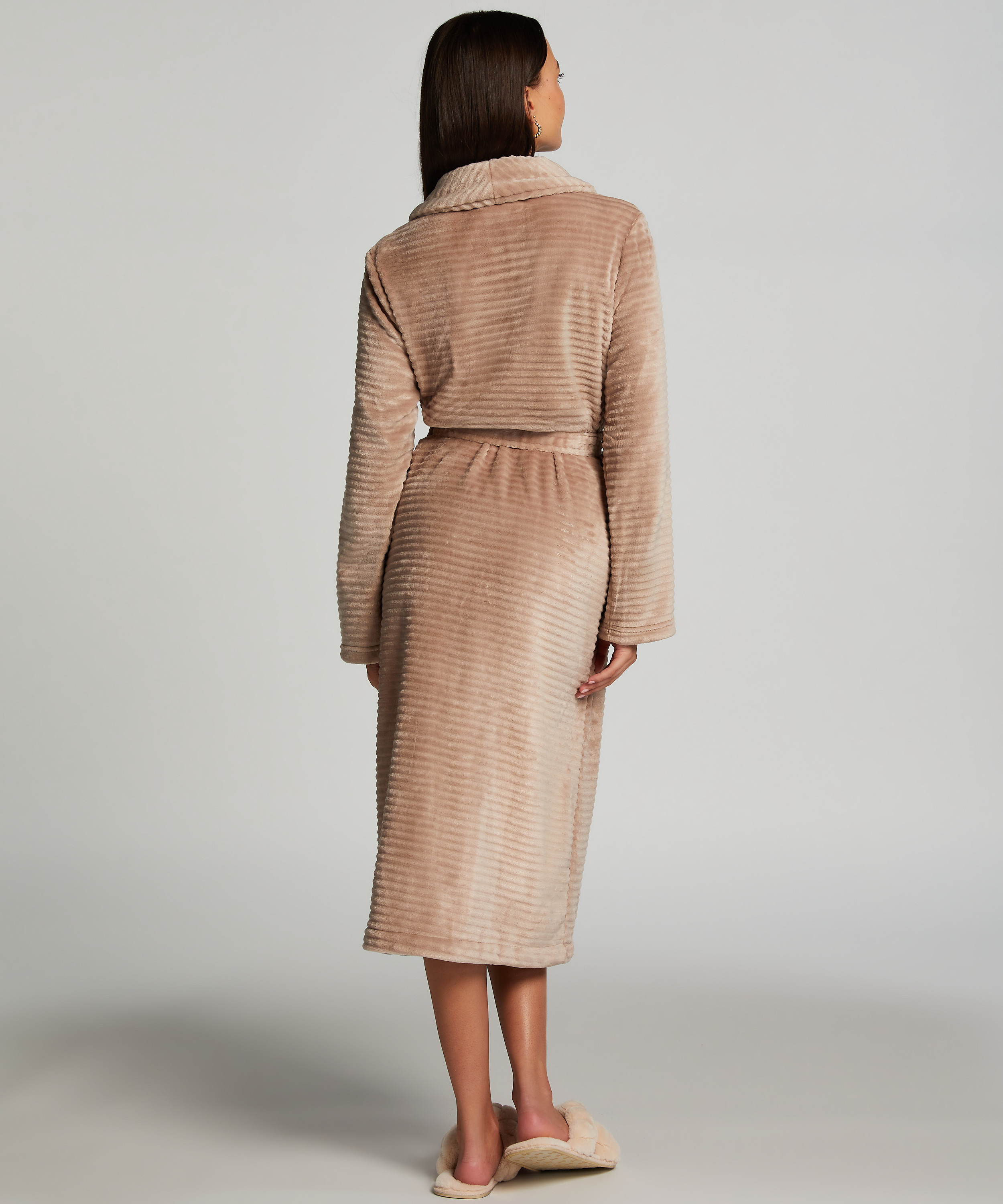 Long Fleece Ribbed Bathrobe, Beige, main