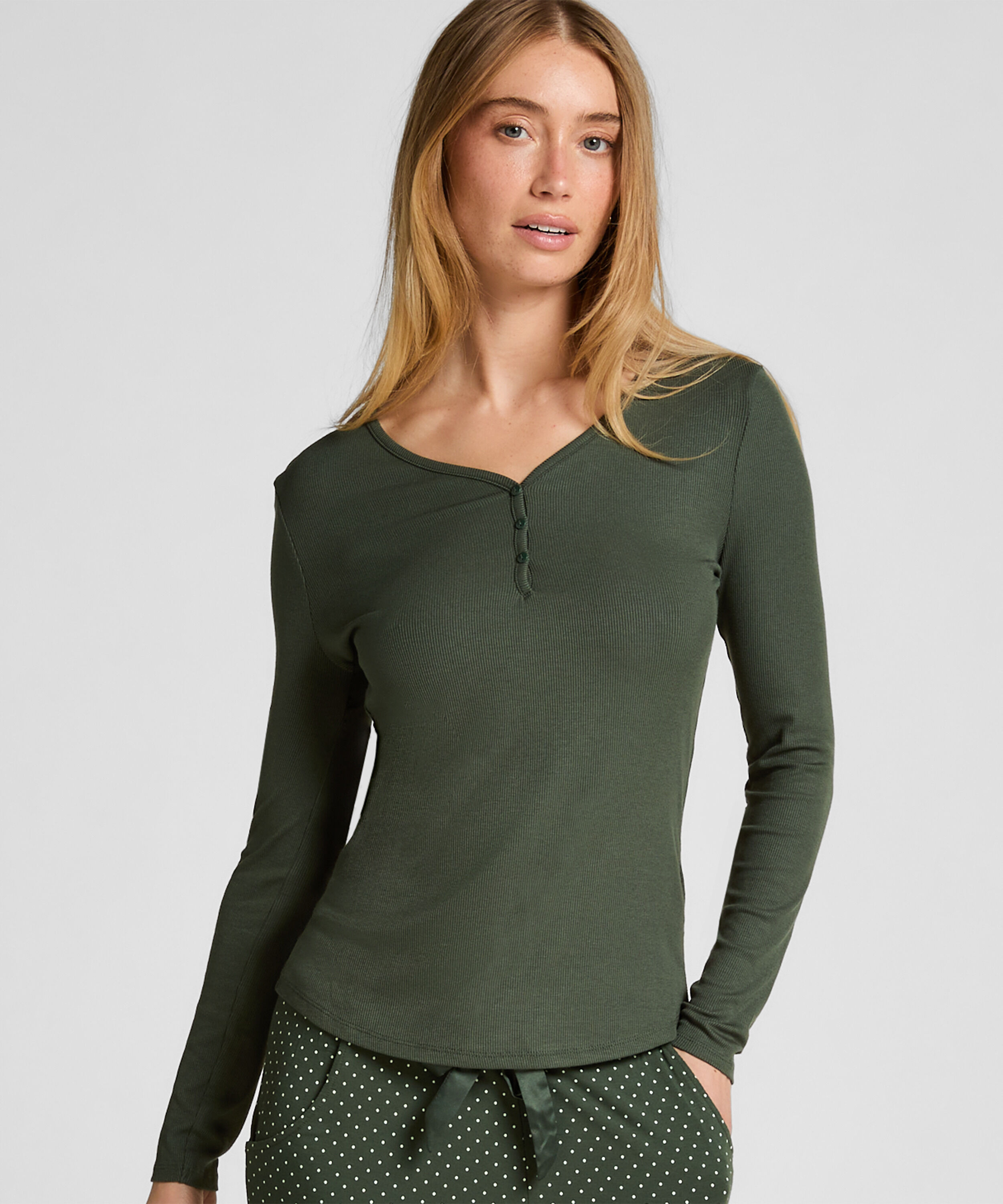 Longsleeved Pyjama Top Henley, Green