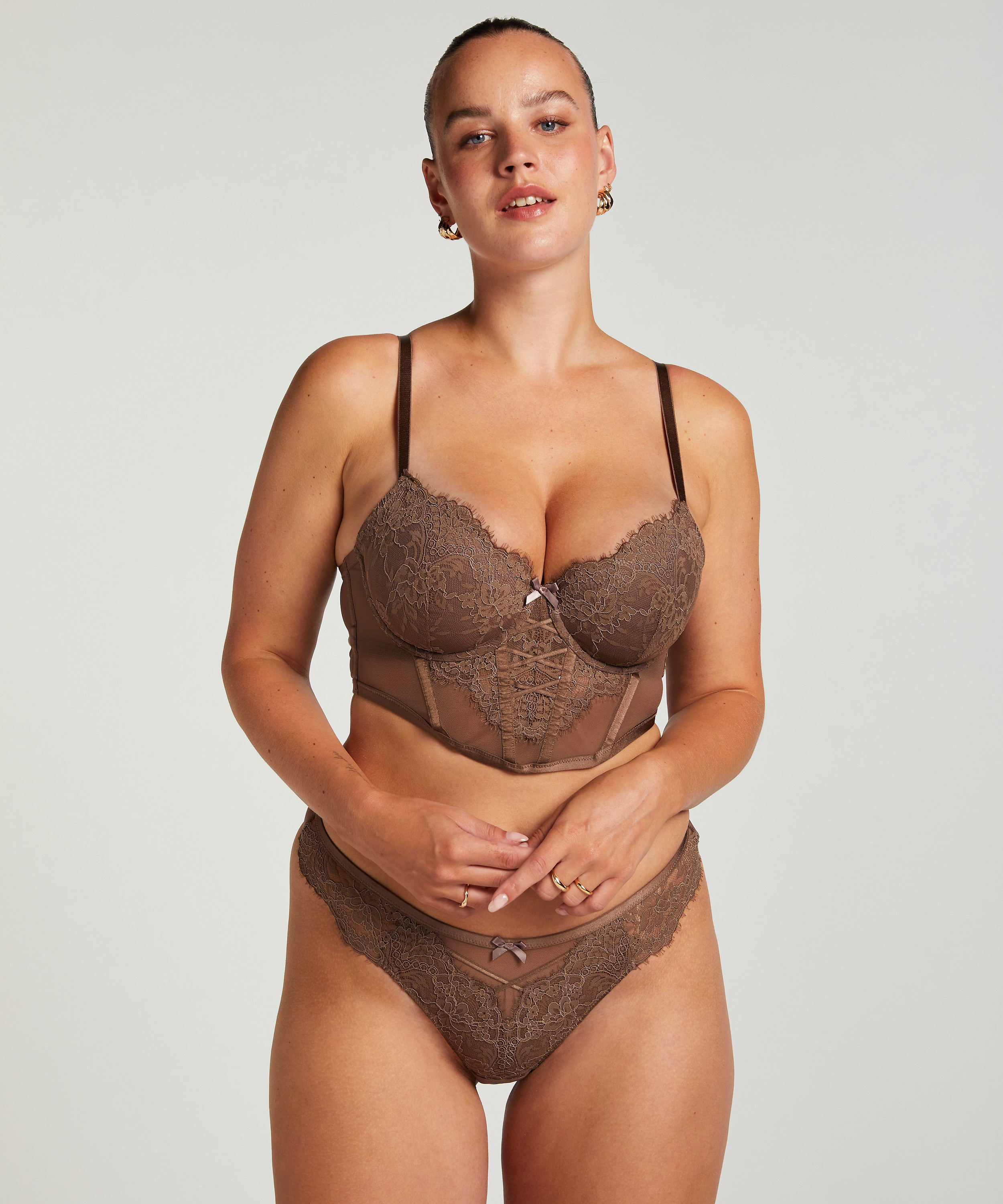 Arabella Padded Underwired Longline Bra, Brown, main