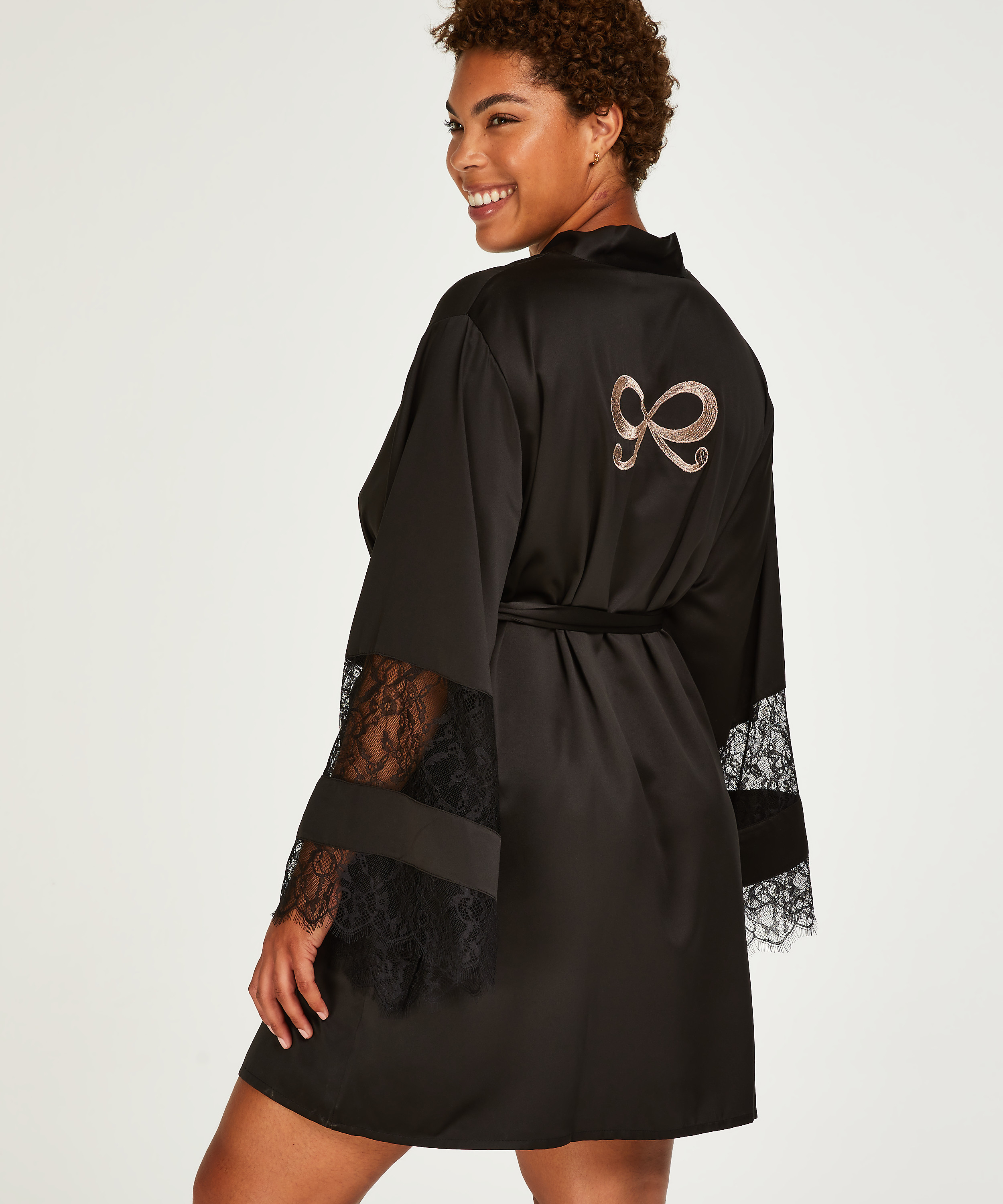 Satin Lace Kimono, Black, main