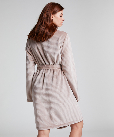 Short Fleece Ribbed Bathrobe, Beige