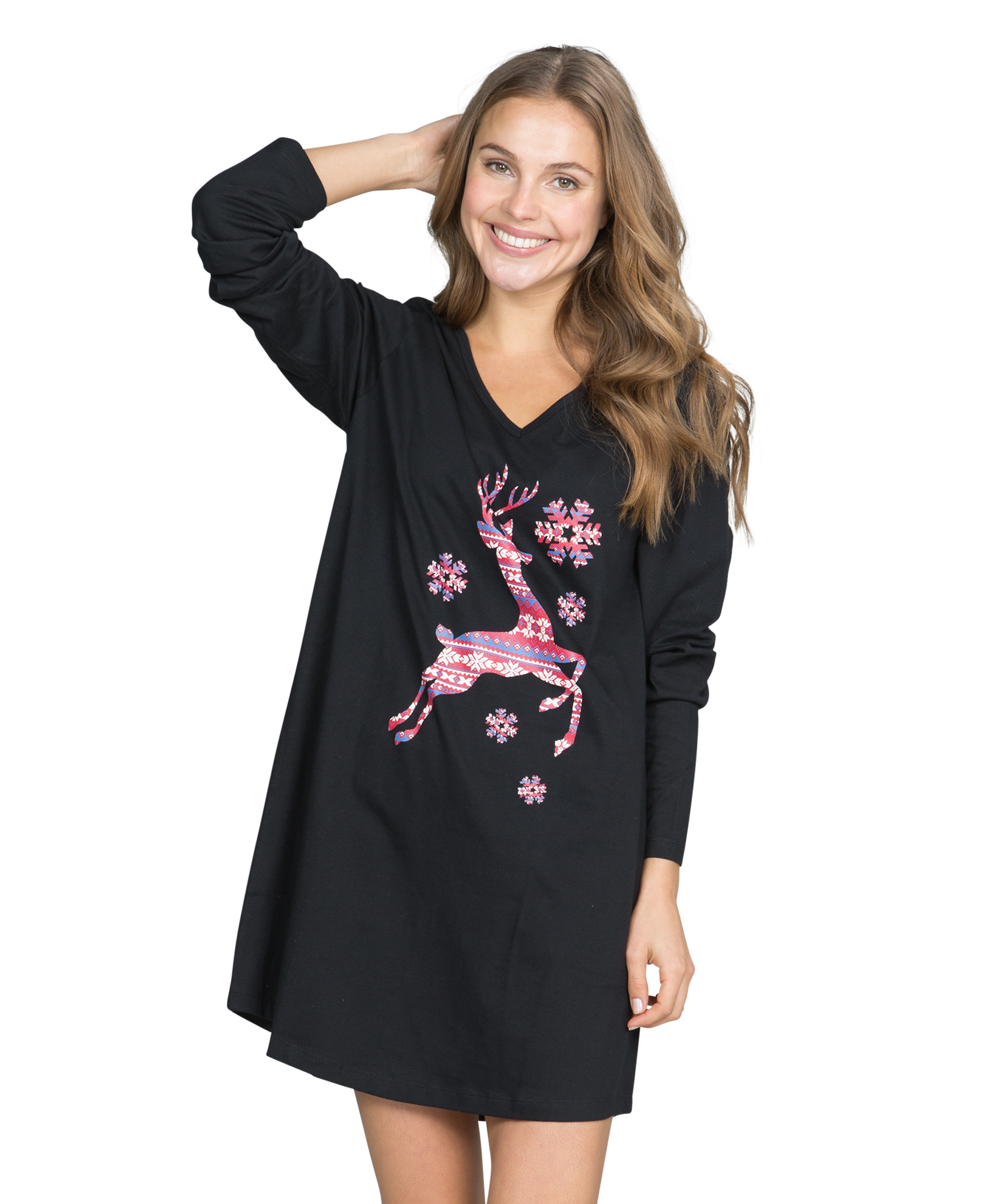 Nightshirt V-neck long sleeves, Black, main