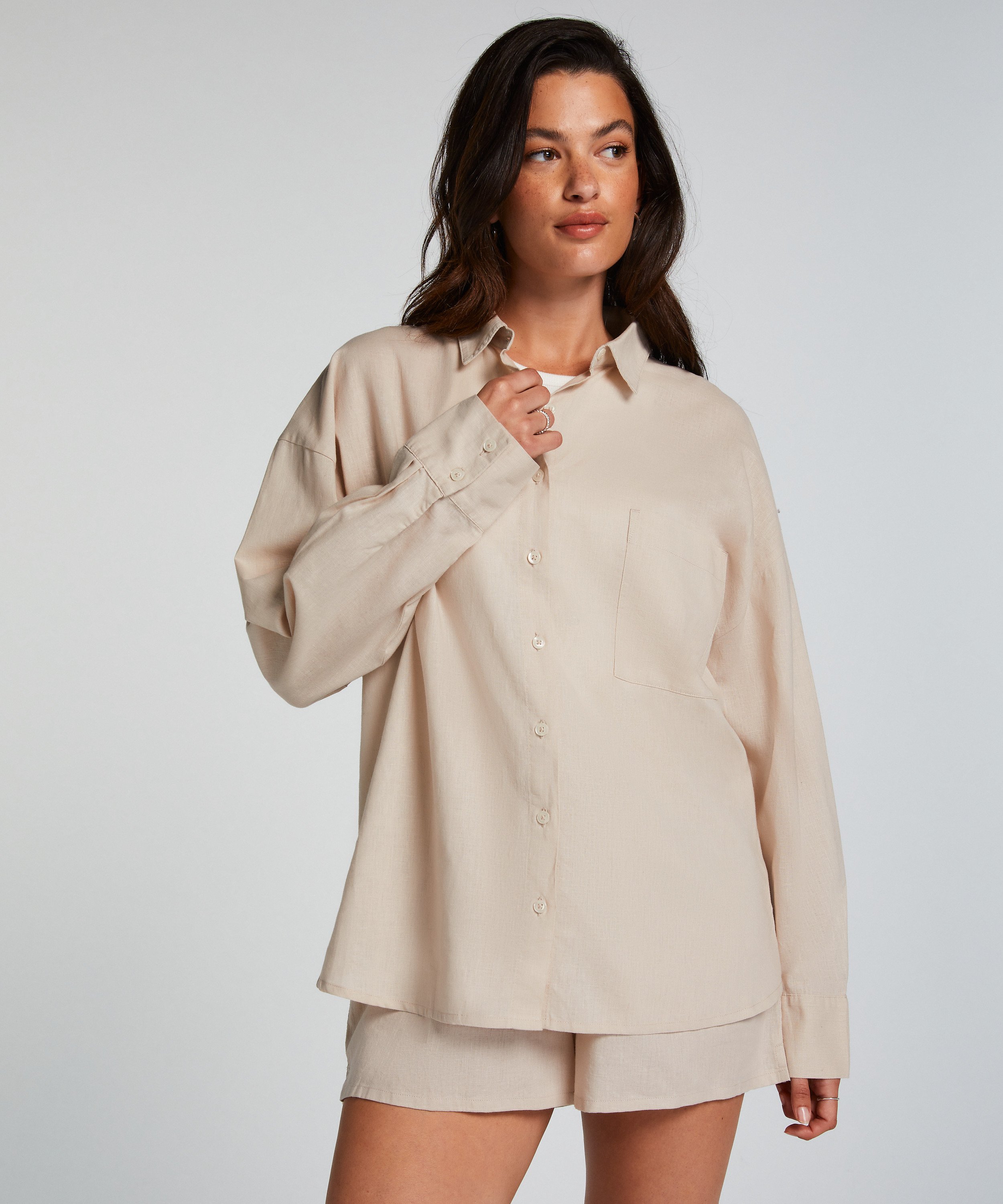 Linen Pyjama Top, Beige, main