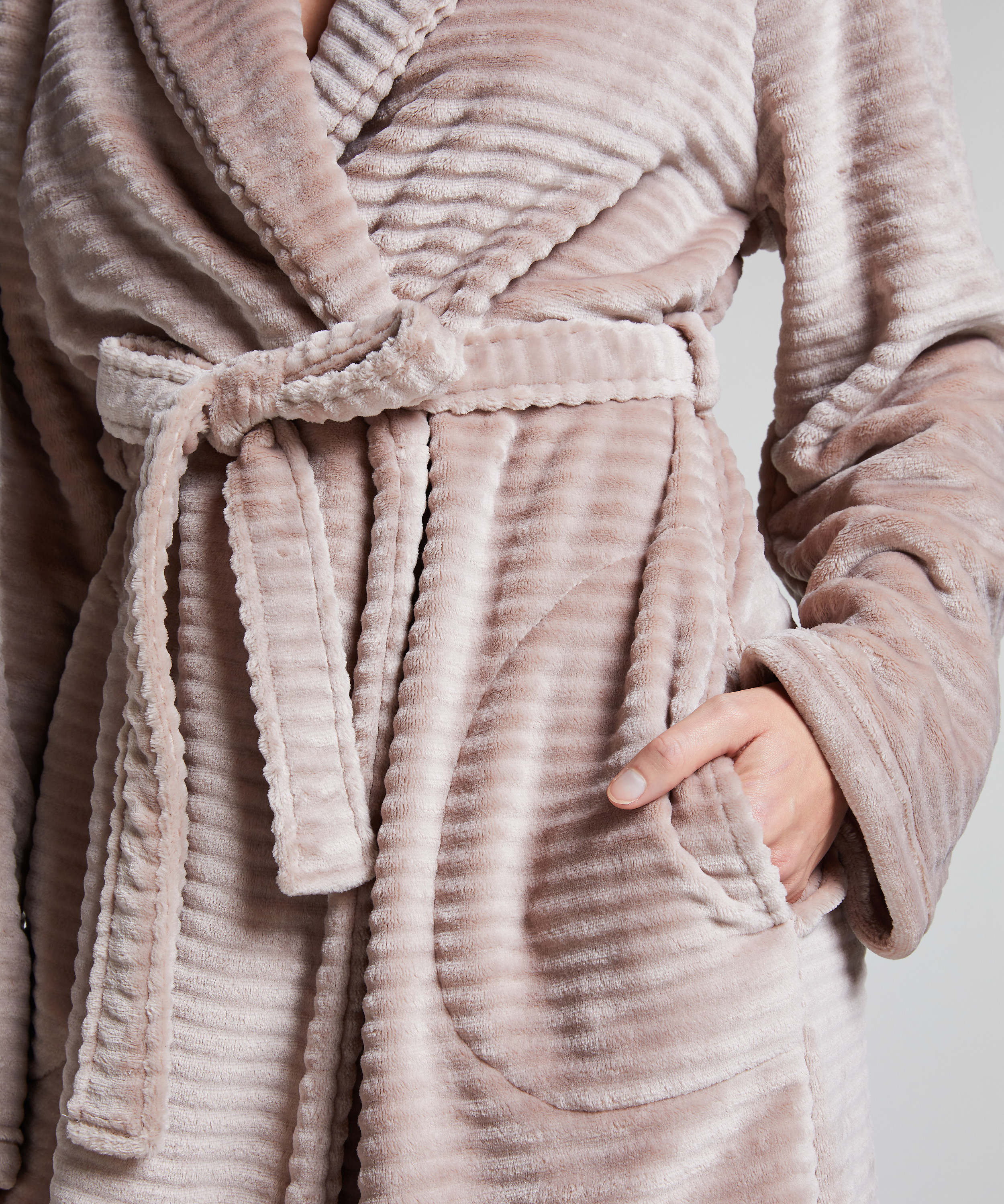 Short Fleece Ribbed Bathrobe, Beige, main