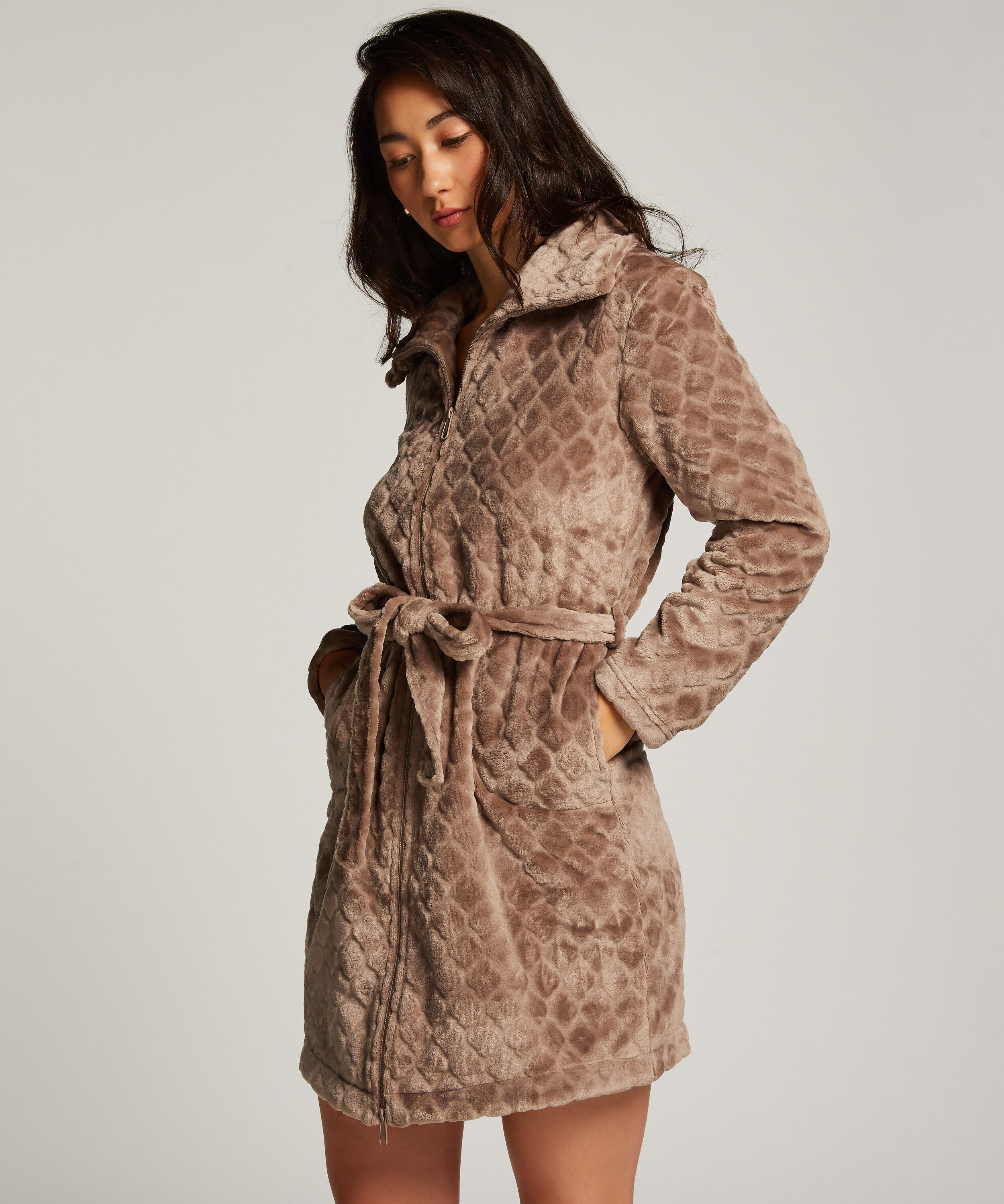 Zip Fleece Bathrobe, Brown