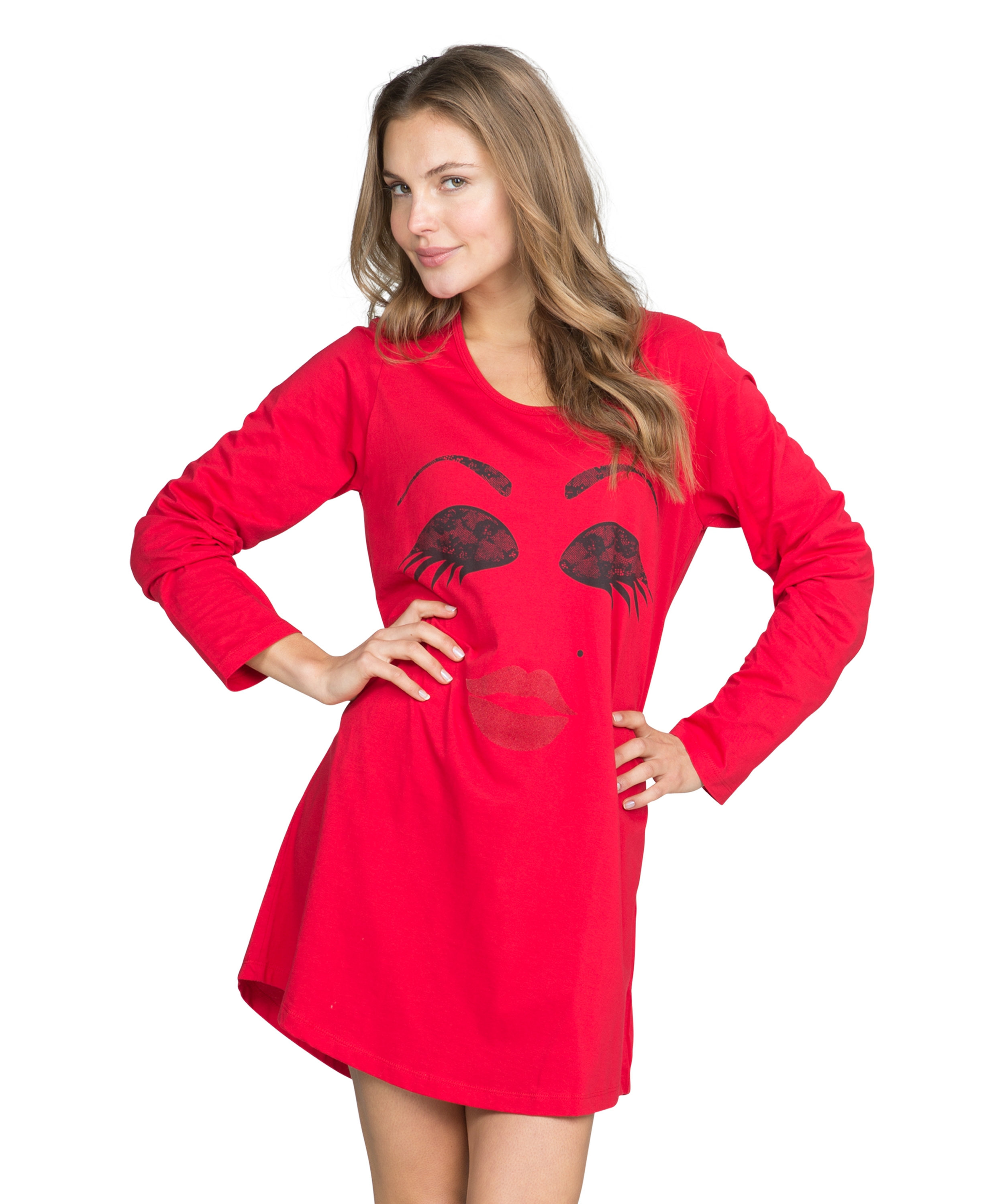 Nightshirt round neck long sleeves, Red, main