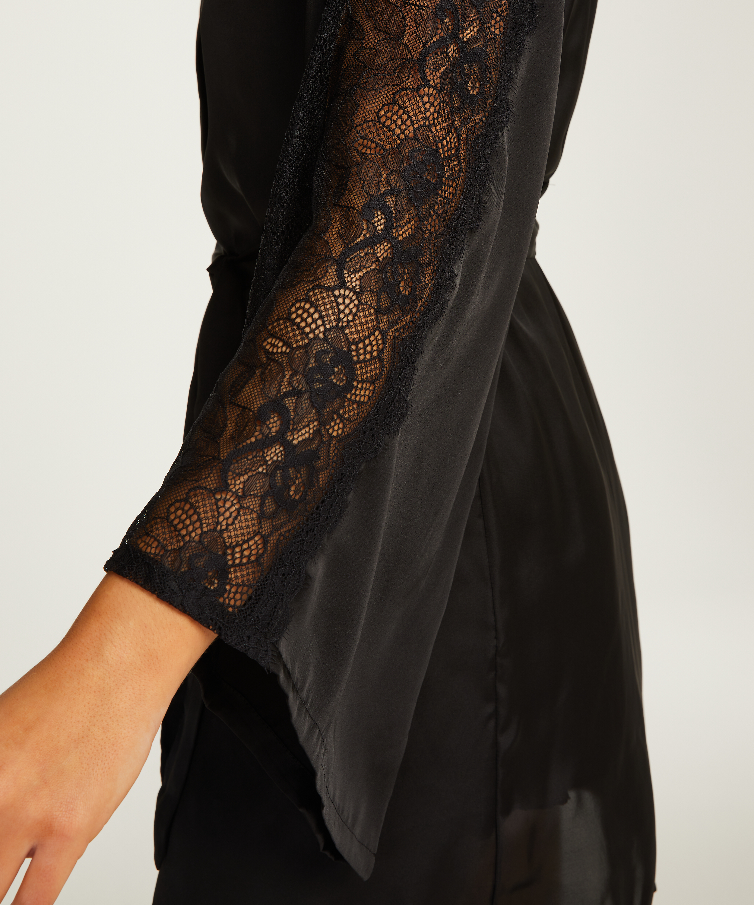 Satin Lace Kimono, Black, main