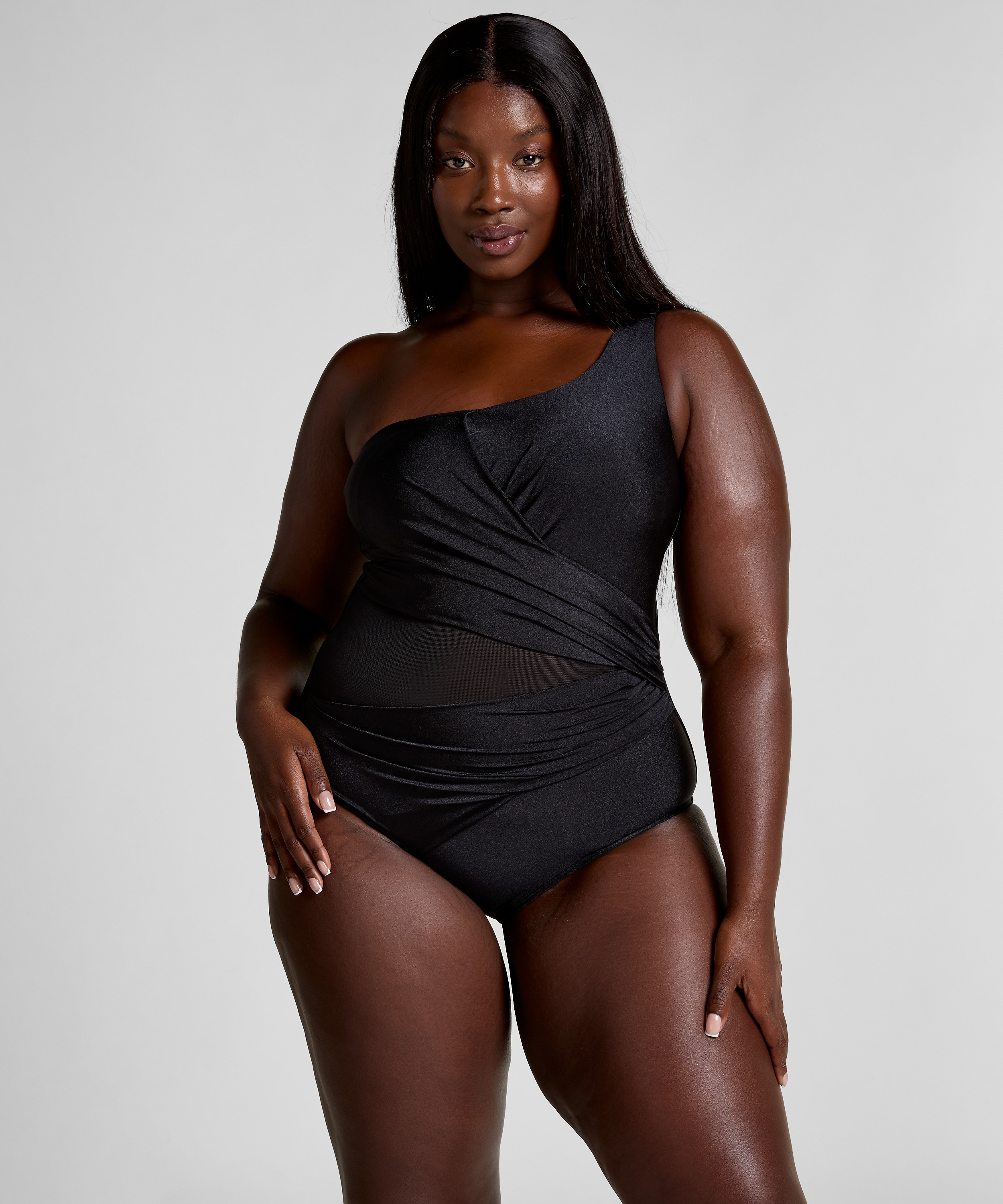 Shaping Shell Mesh Swimsuit, Black, main