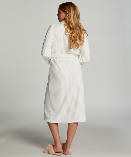 Long Fleece Ribbed Bathrobe, White