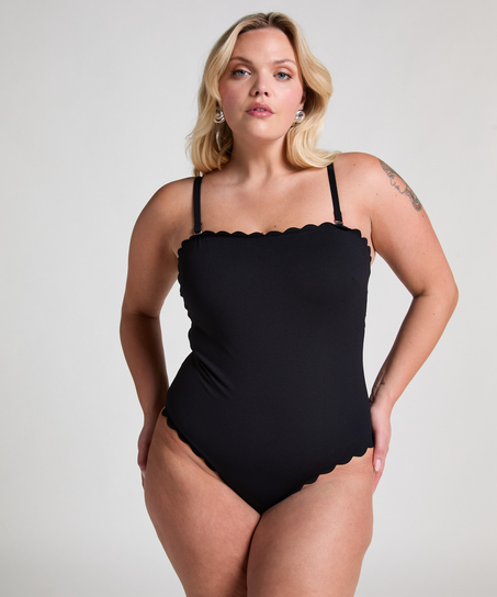 Bandeau Scallop Swimsuit, Black