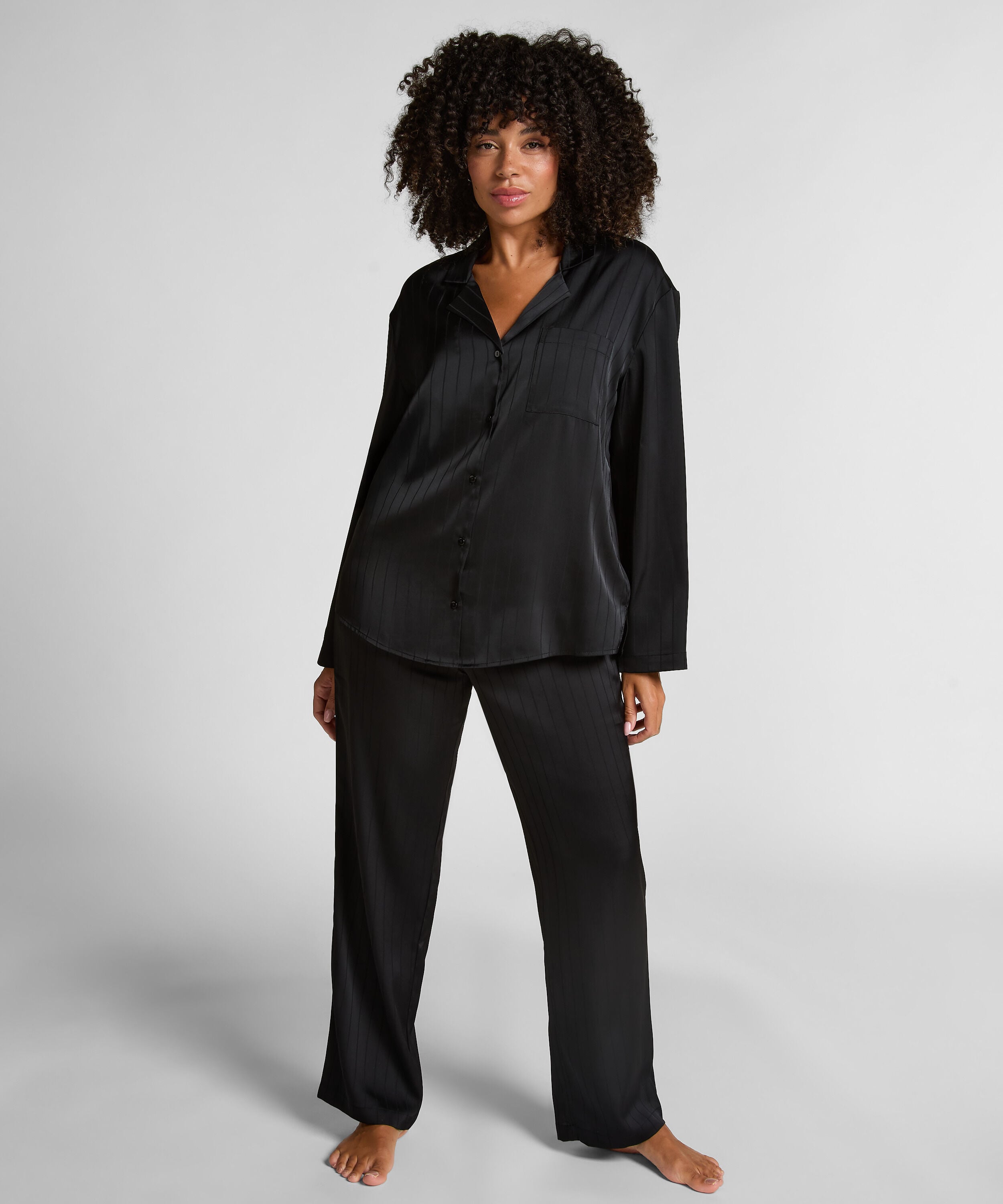 Satin Pinstripe Trousers, Black